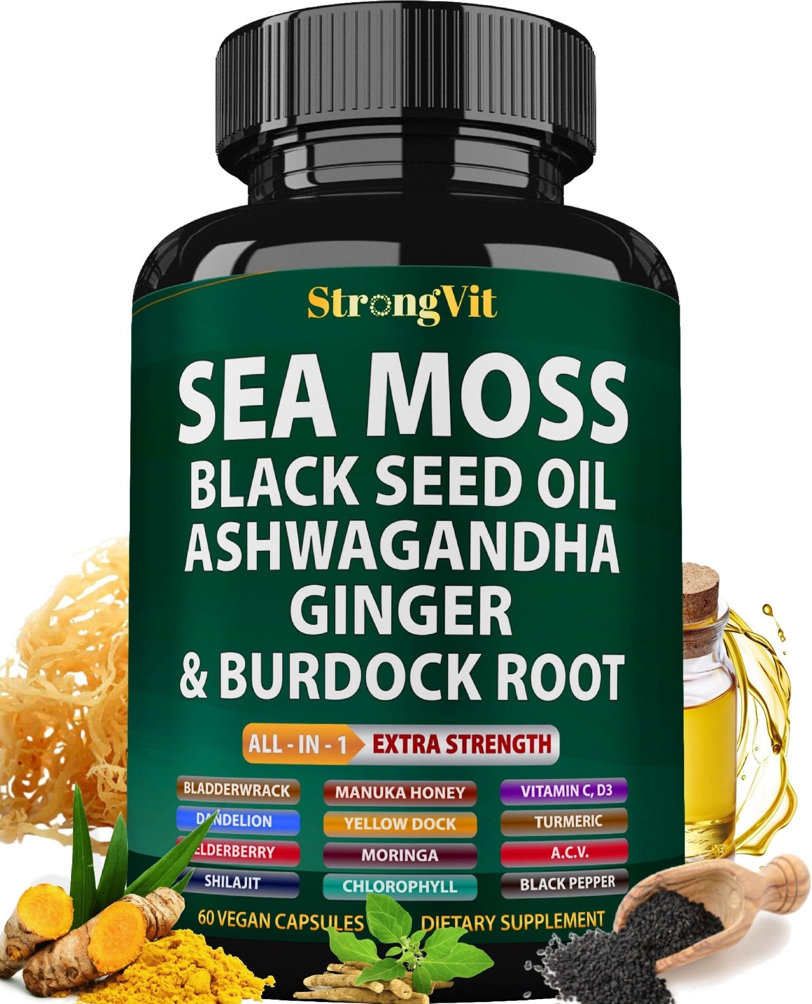 StrongVit Sea Moss Black Seed Oil Ashwagandha Ginger, Organic Sea Moss Capsules with Burdock Root, Irish Seamoss Pills with Bladderwrack, Advanced Multimineral Supplement, USA - TrustMedUSA