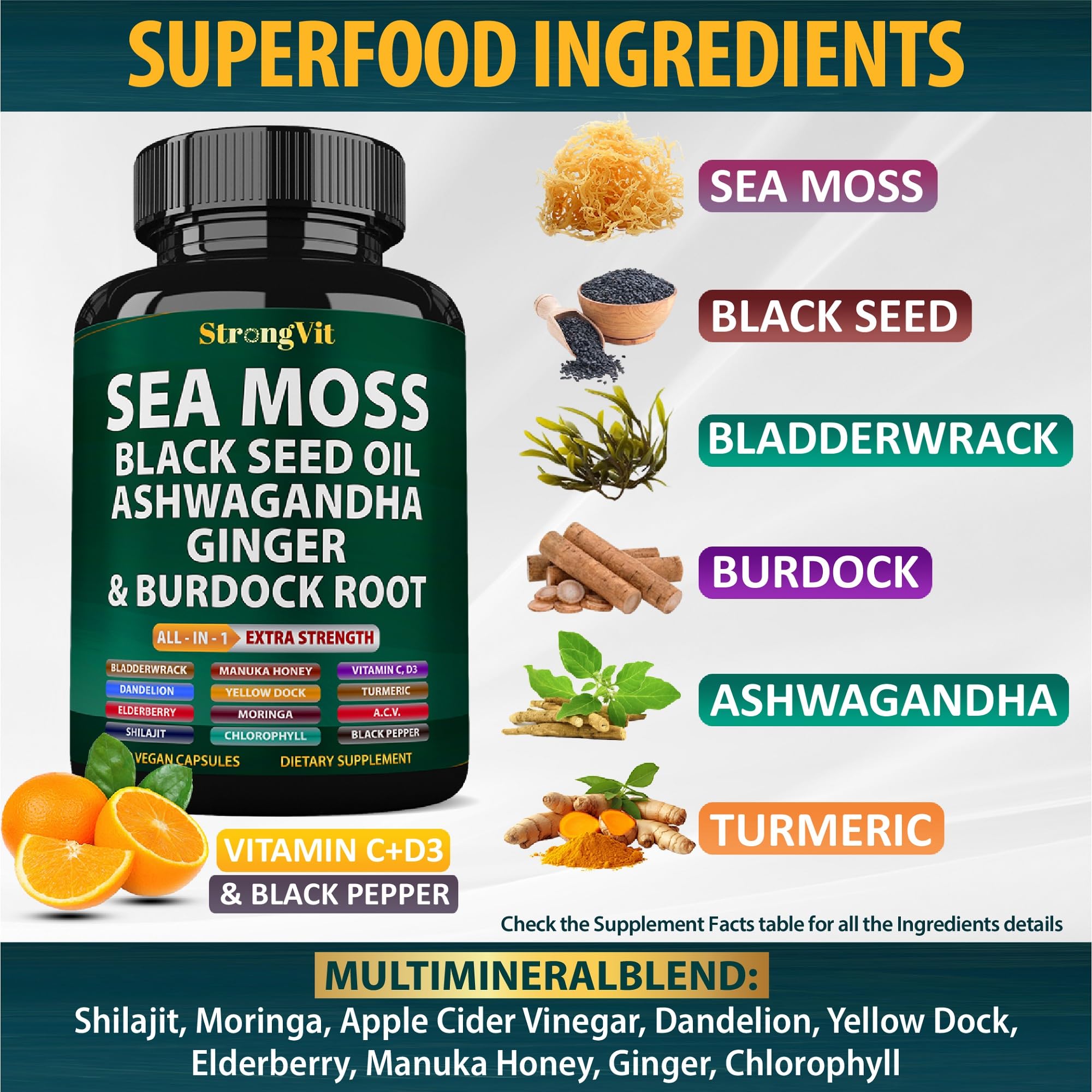StrongVit Sea Moss Black Seed Oil Ashwagandha Ginger, Organic Sea Moss Capsules with Burdock Root, Irish Seamoss Pills with Bladderwrack, Advanced Multimineral Supplement, USA - TrustMedUSA
