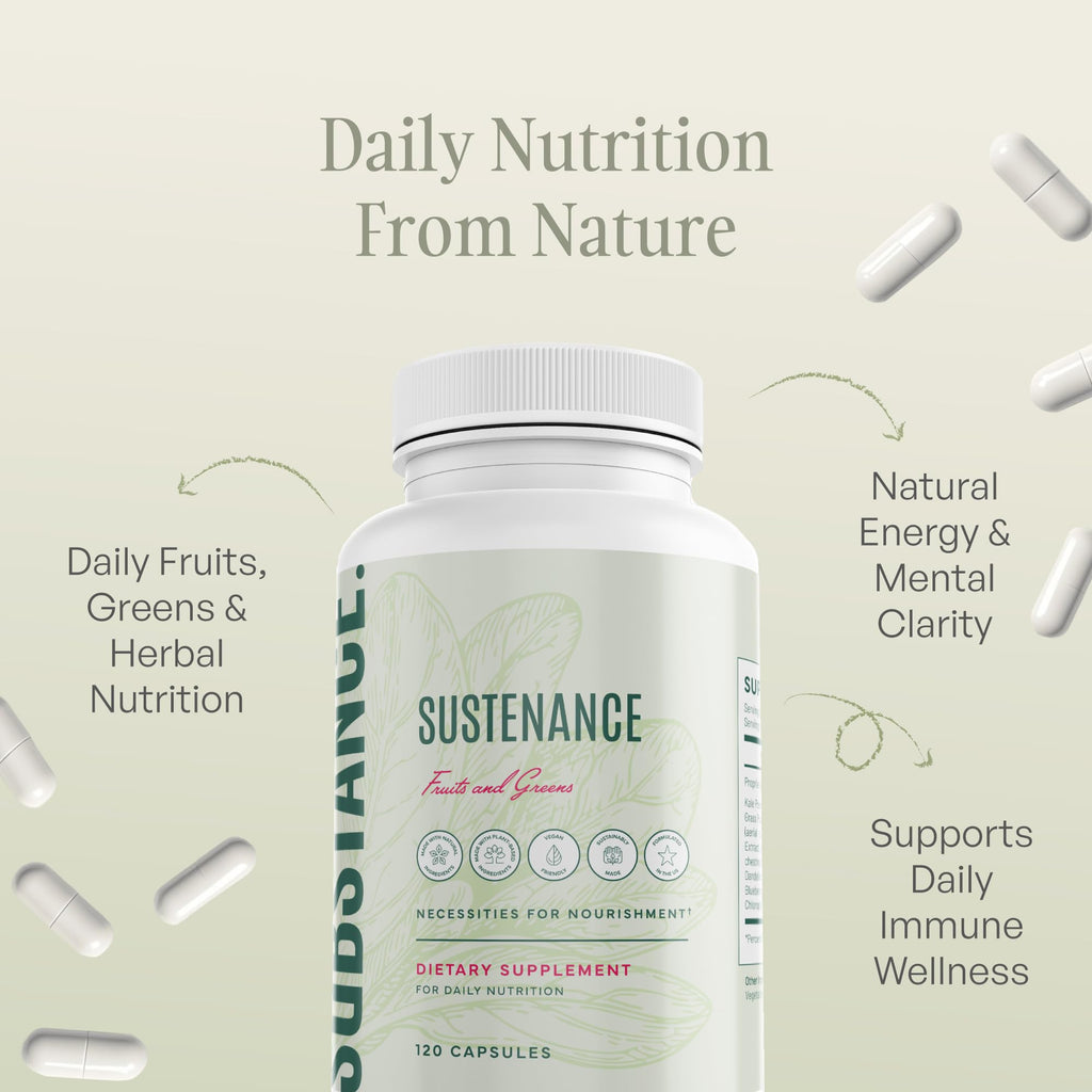 SUBSTANCE. - Nature's Sustenance Daily Greens, Daily Fruit and Veggies Supplement - Enhance Energy, Mental Clarity - Fruits and Vegetables Supplements - US Made, Vegan-Friendly - 30 Servings. - TrustMedUSA