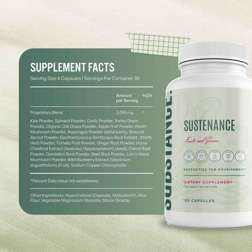 SUBSTANCE. - Nature's Sustenance Daily Greens, Daily Fruit and Veggies Supplement - Enhance Energy, Mental Clarity - Fruits and Vegetables Supplements - US Made, Vegan-Friendly - 30 Servings. - TrustMedUSA