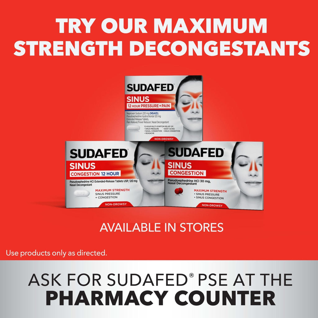 Sudafed PE Head Congestion + Mucus Relief Tablets for Sinus Pressure, Congestion, & Headache, Non-Drowsy Decongestant with Acetaminophen, Guaifenesin & Phenylephrine HCI, 24 ct - Maple Wellness Supplements