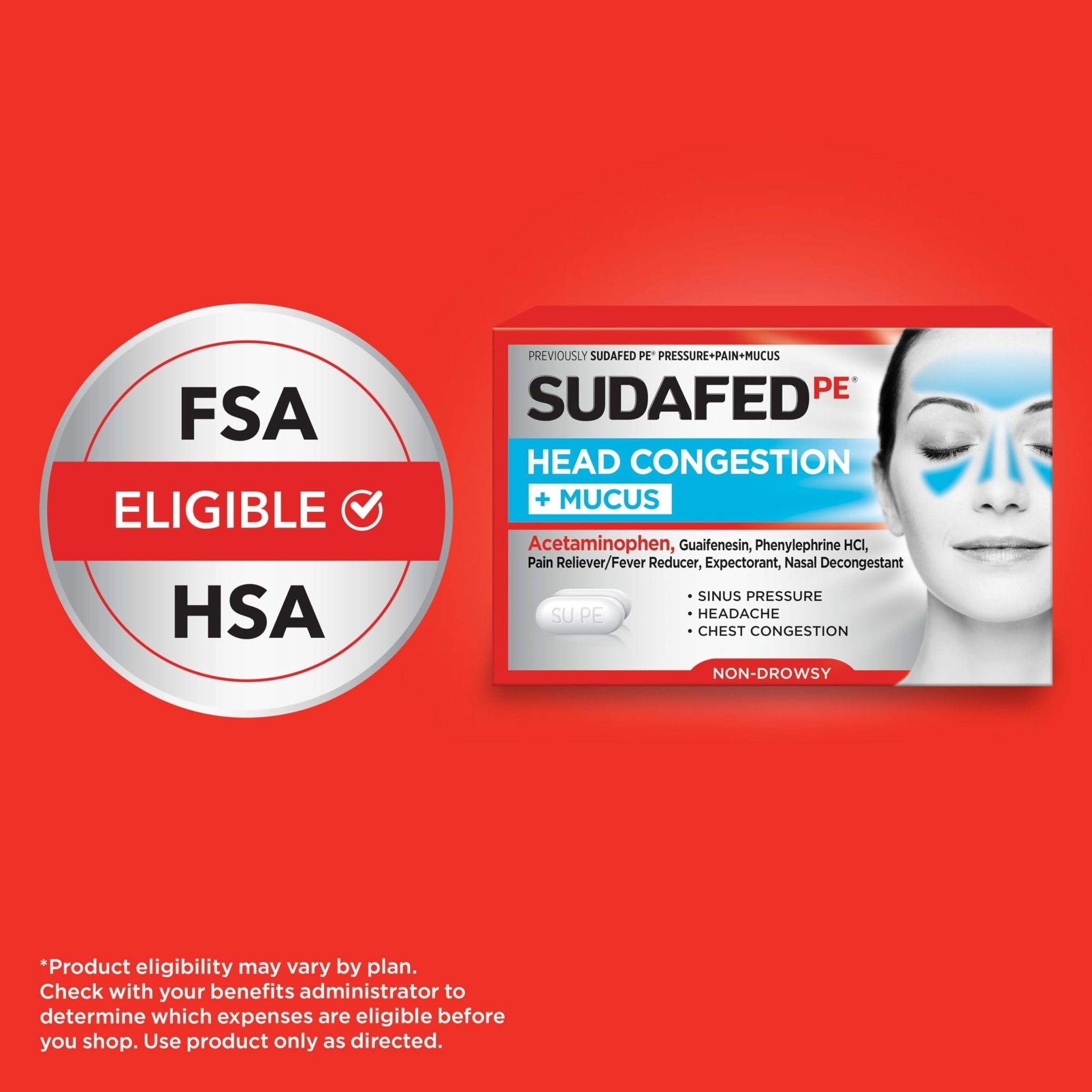 Sudafed PE Head Congestion + Mucus Relief Tablets for Sinus Pressure, Congestion, & Headache, Non-Drowsy Decongestant with Acetaminophen, Guaifenesin & Phenylephrine HCI, 24 ct - Maple Wellness Supplements