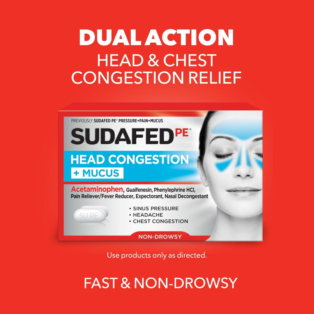 Sudafed PE Head Congestion + Mucus Relief Tablets for Sinus Pressure, Congestion, & Headache, Non-Drowsy Decongestant with Acetaminophen, Guaifenesin & Phenylephrine HCI, 24 ct - Maple Wellness Supplements