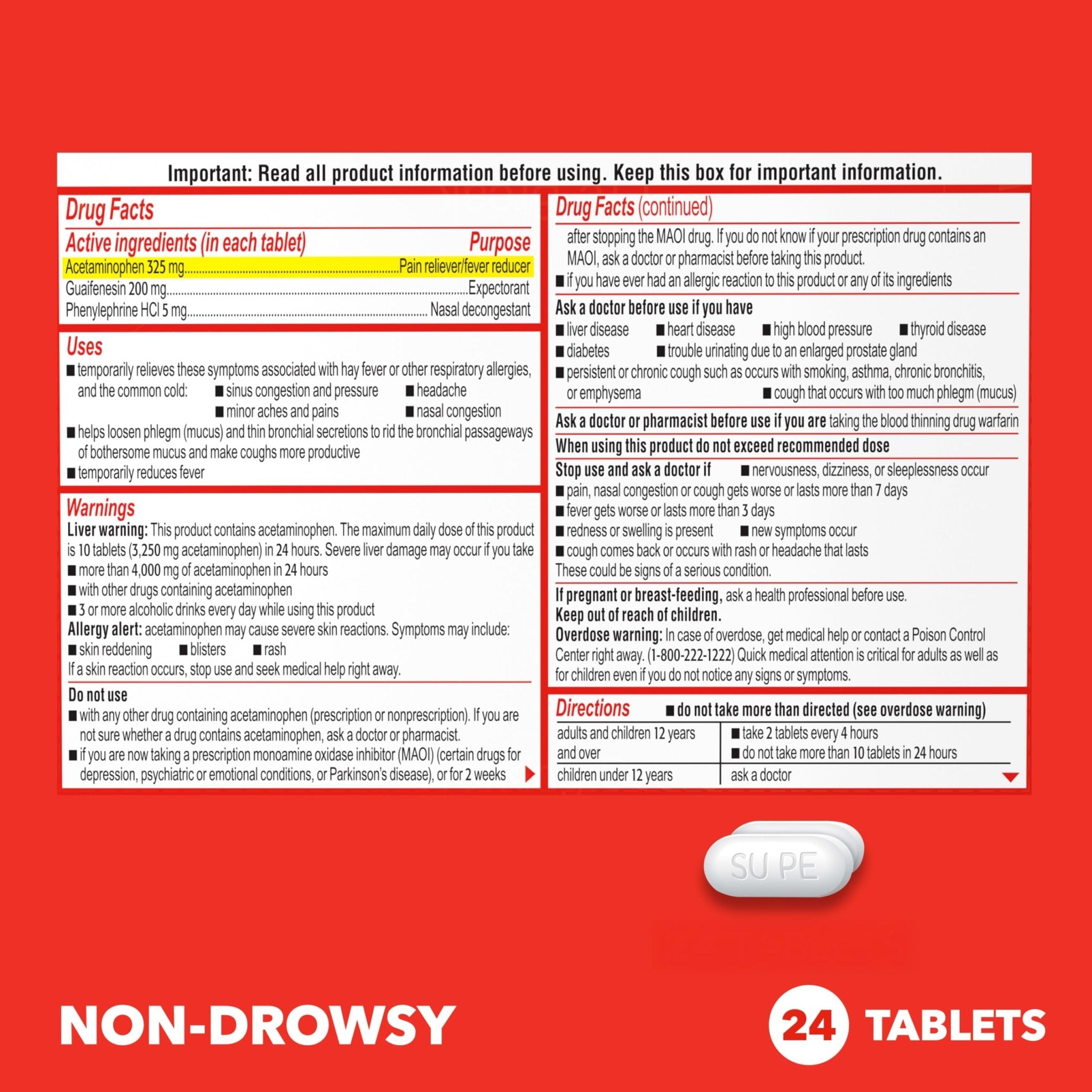 Sudafed PE Head Congestion + Mucus Relief Tablets for Sinus Pressure, Congestion, & Headache, Non-Drowsy Decongestant with Acetaminophen, Guaifenesin & Phenylephrine HCI, 24 ct - Maple Wellness Supplements