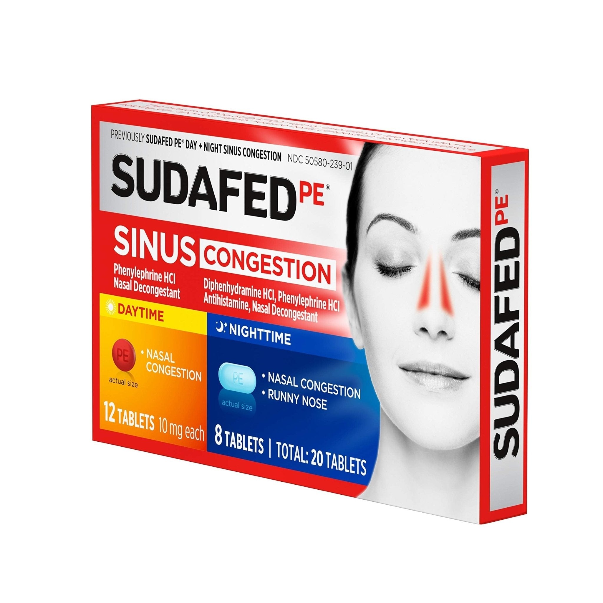 Sudafed PE Sinus Congestion Day + Night Maximum Strength Decongestant & Antihistamine Tablets with Phenylephrine HCl & Diphenhydramine HCl, Helps Nasal & Sinus Pressure & Congestion, 20 ct - Maple Wellness Supplements