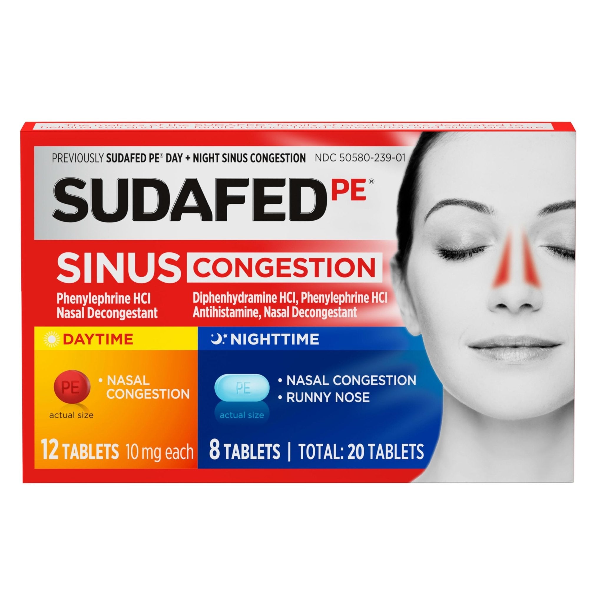 Sudafed PE Sinus Congestion Day + Night Maximum Strength Decongestant & Antihistamine Tablets with Phenylephrine HCl & Diphenhydramine HCl, Helps Nasal & Sinus Pressure & Congestion, 20 ct - Maple Wellness Supplements
