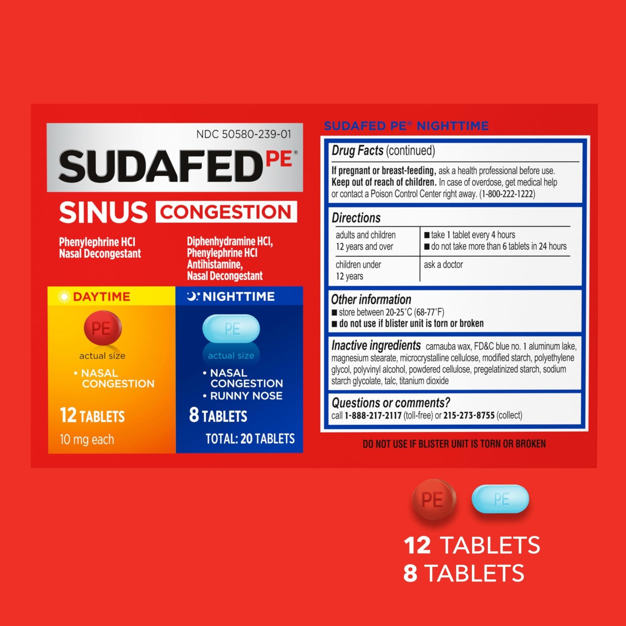 Sudafed PE Sinus Congestion Day + Night Maximum Strength Decongestant & Antihistamine Tablets with Phenylephrine HCl & Diphenhydramine HCl, Helps Nasal & Sinus Pressure & Congestion, 20 ct - Maple Wellness Supplements