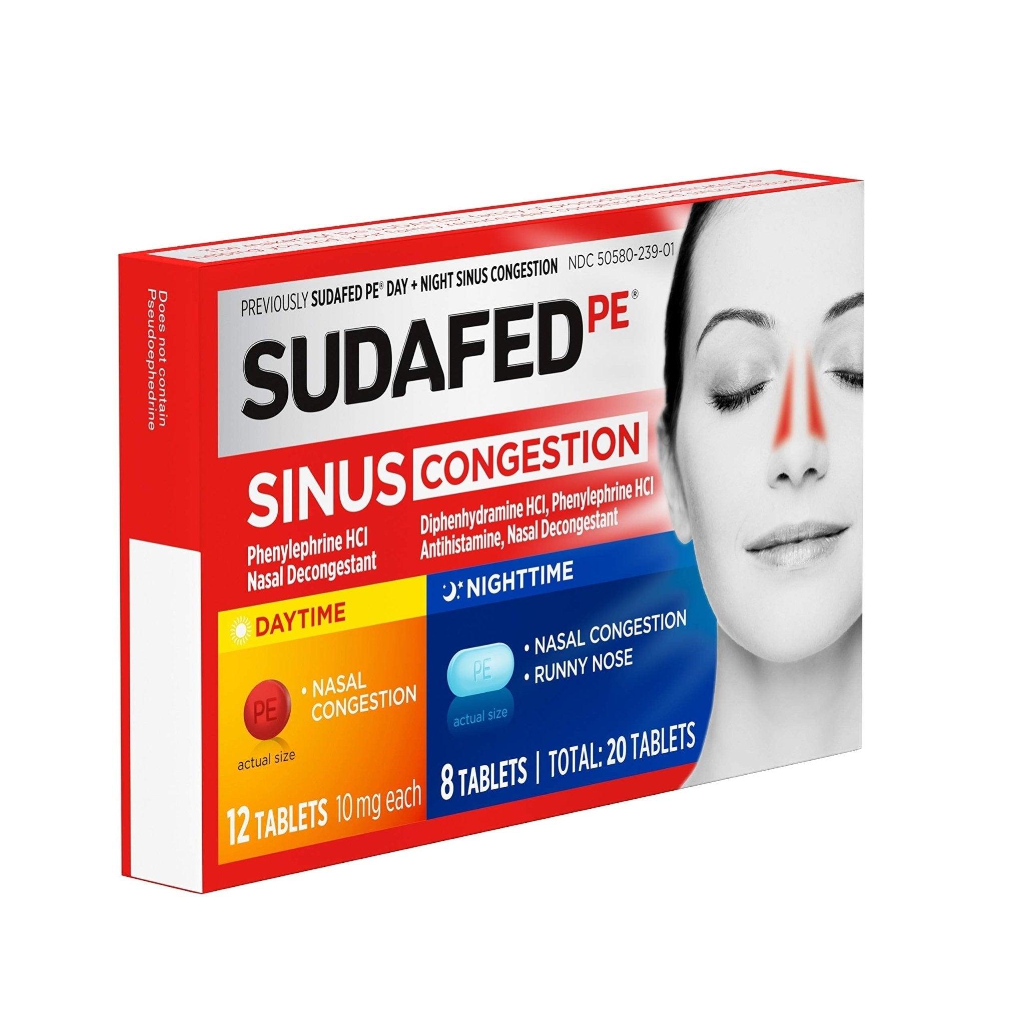 Sudafed PE Sinus Congestion Day + Night Maximum Strength Decongestant & Antihistamine Tablets with Phenylephrine HCl & Diphenhydramine HCl, Helps Nasal & Sinus Pressure & Congestion, 20 ct - Maple Wellness Supplements