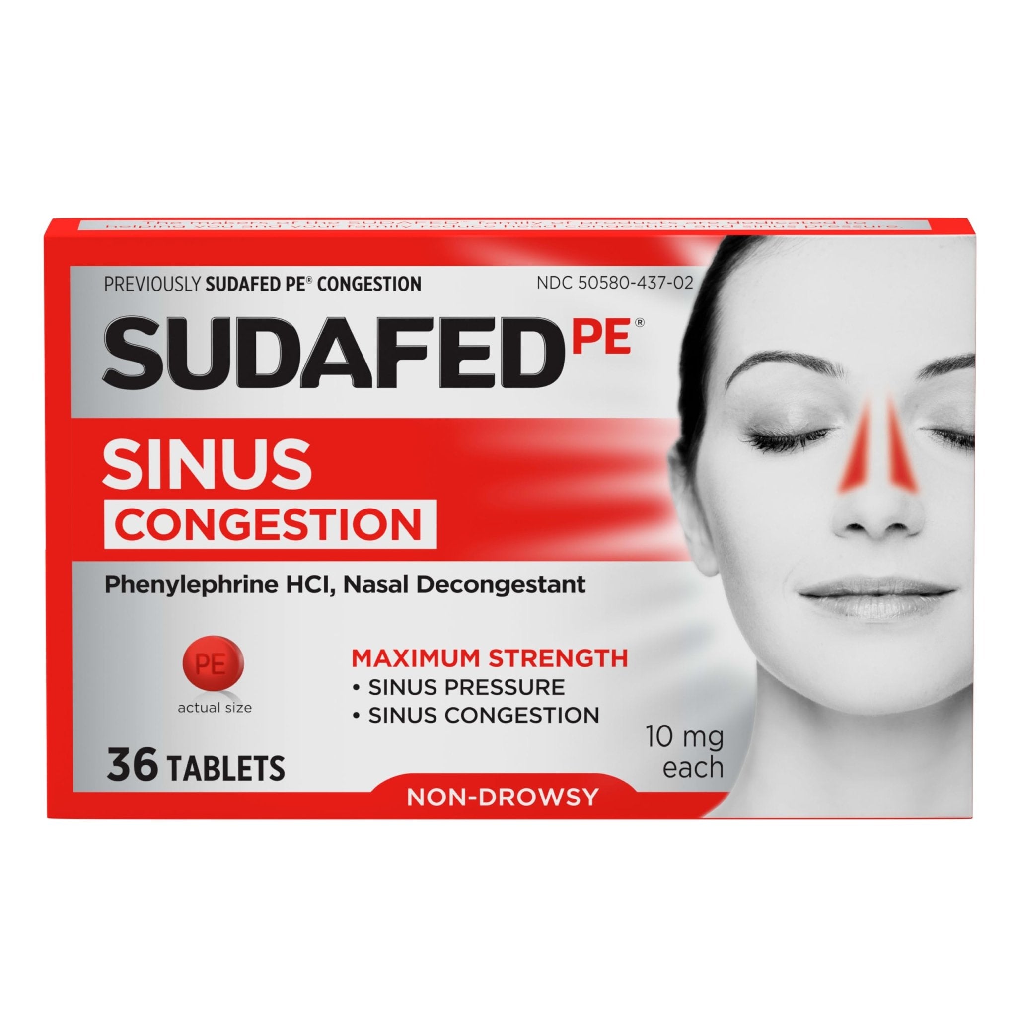 Sudafed PE Sinus Congestion Relief Tablets, Maximum Strength, Non-Drowsy 10 mg Phenylephrine HCI Decongestant for Sinus Pressure & Nasal Congestion Relief, Due to Cold or Allergies, 36 ct - Maple Wellness Supplements