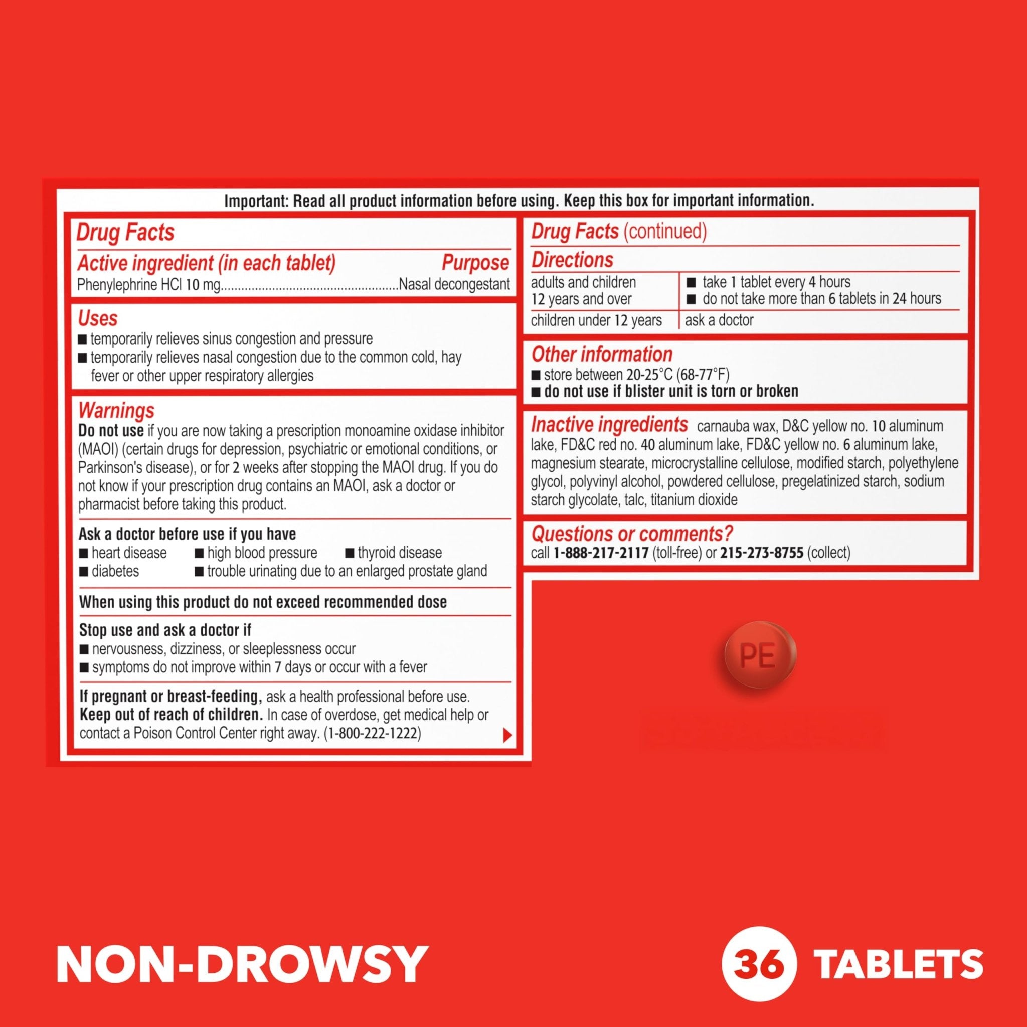 Sudafed PE Sinus Congestion Relief Tablets, Maximum Strength, Non-Drowsy 10 mg Phenylephrine HCI Decongestant for Sinus Pressure & Nasal Congestion Relief, Due to Cold or Allergies, 36 ct - Maple Wellness Supplements