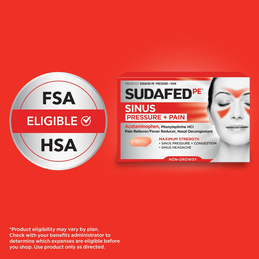 Sudafed PE Sinus Pressure + Pain Relief Tablets, Maximum Strength, Non-Drowsy, OTC Sinus Relief Medicine with Acetaminophen Pain Reliever & Phenylephrine HCl Nasal Decongestant, 24 ct - Maple Wellness Supplements