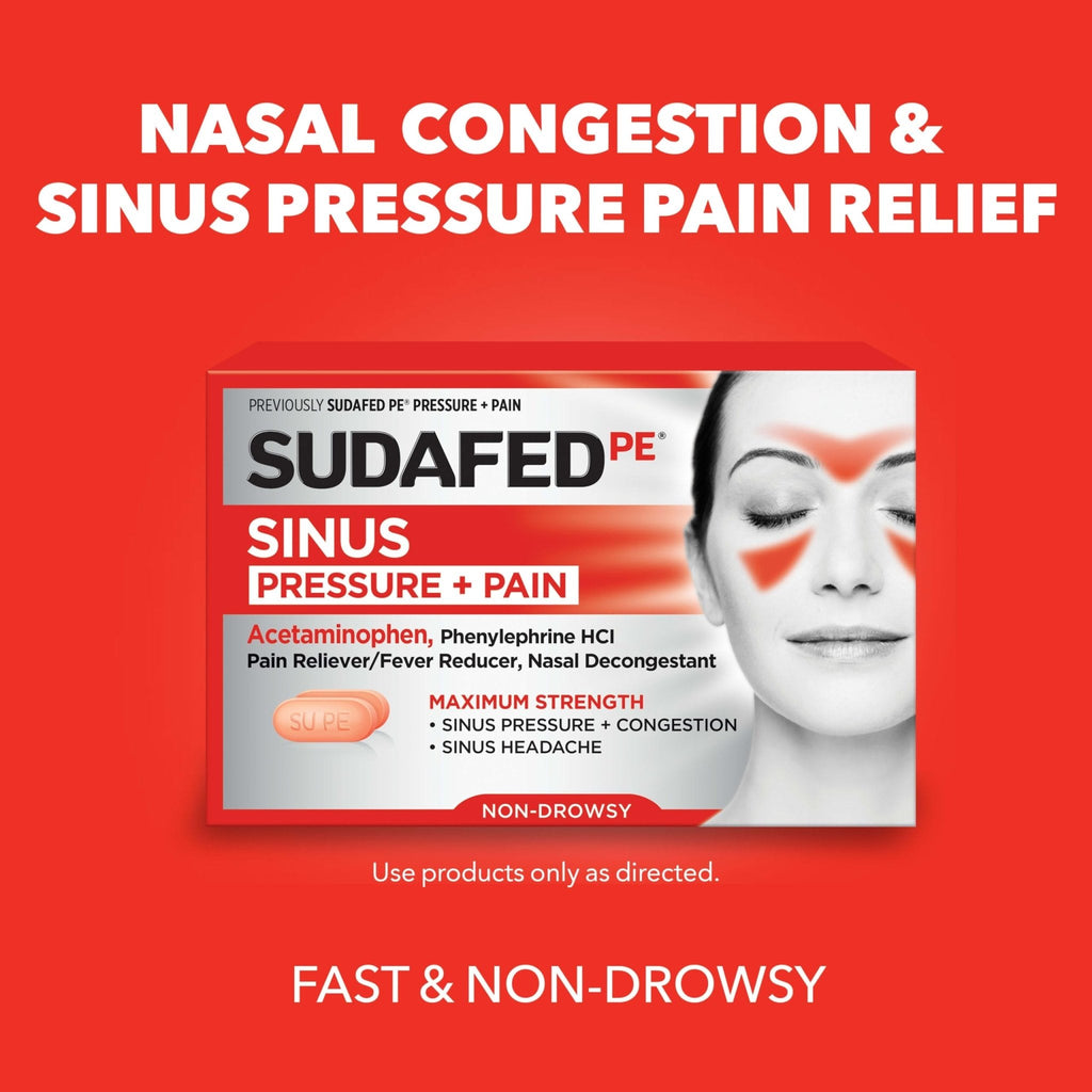Sudafed PE Sinus Pressure + Pain Relief Tablets, Maximum Strength, Non-Drowsy, OTC Sinus Relief Medicine with Acetaminophen Pain Reliever & Phenylephrine HCl Nasal Decongestant, 24 ct - Maple Wellness Supplements