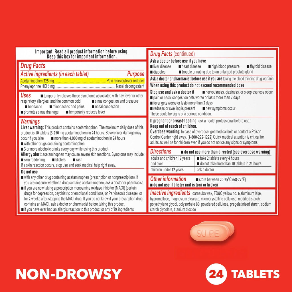 Sudafed PE Sinus Pressure + Pain Relief Tablets, Maximum Strength, Non-Drowsy, OTC Sinus Relief Medicine with Acetaminophen Pain Reliever & Phenylephrine HCl Nasal Decongestant, 24 ct - Maple Wellness Supplements