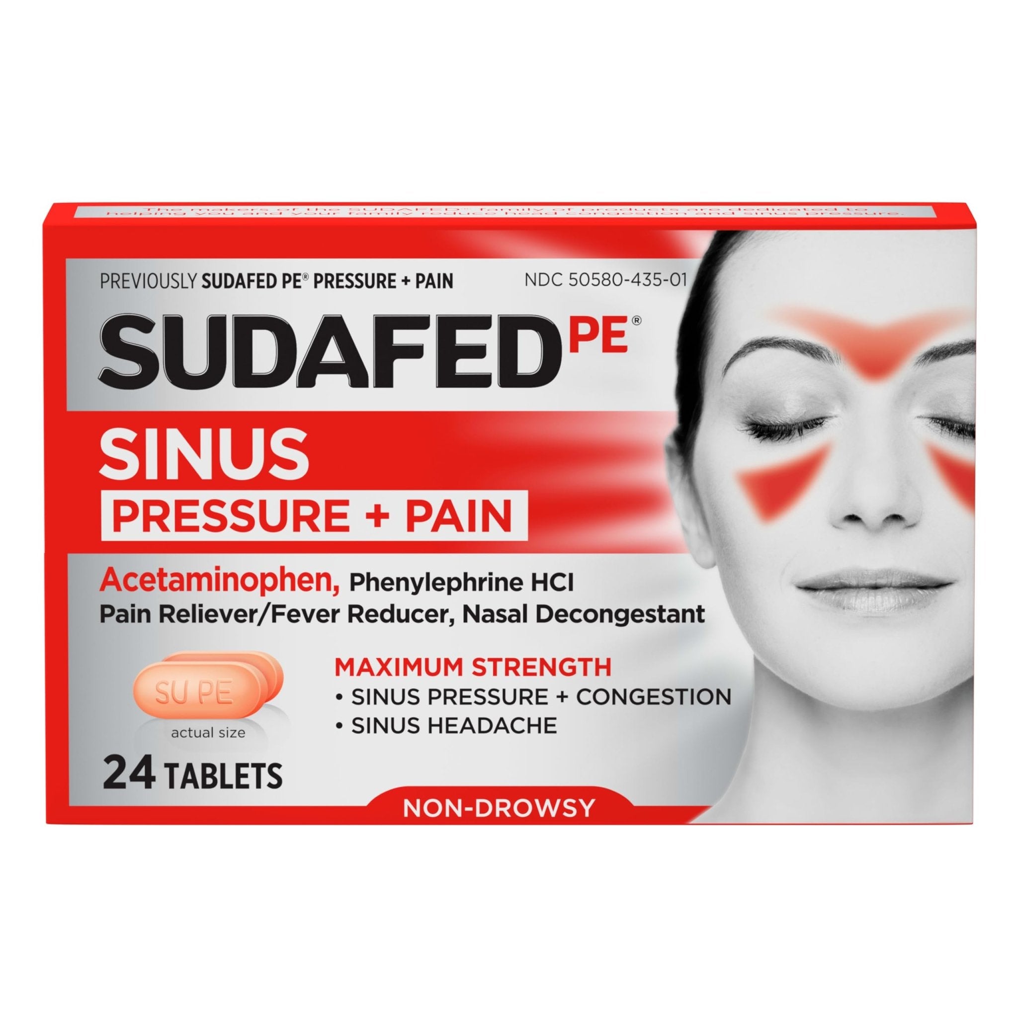 Sudafed PE Sinus Pressure + Pain Relief Tablets, Maximum Strength, Non-Drowsy, OTC Sinus Relief Medicine with Acetaminophen Pain Reliever & Phenylephrine HCl Nasal Decongestant, 24 ct - Maple Wellness Supplements