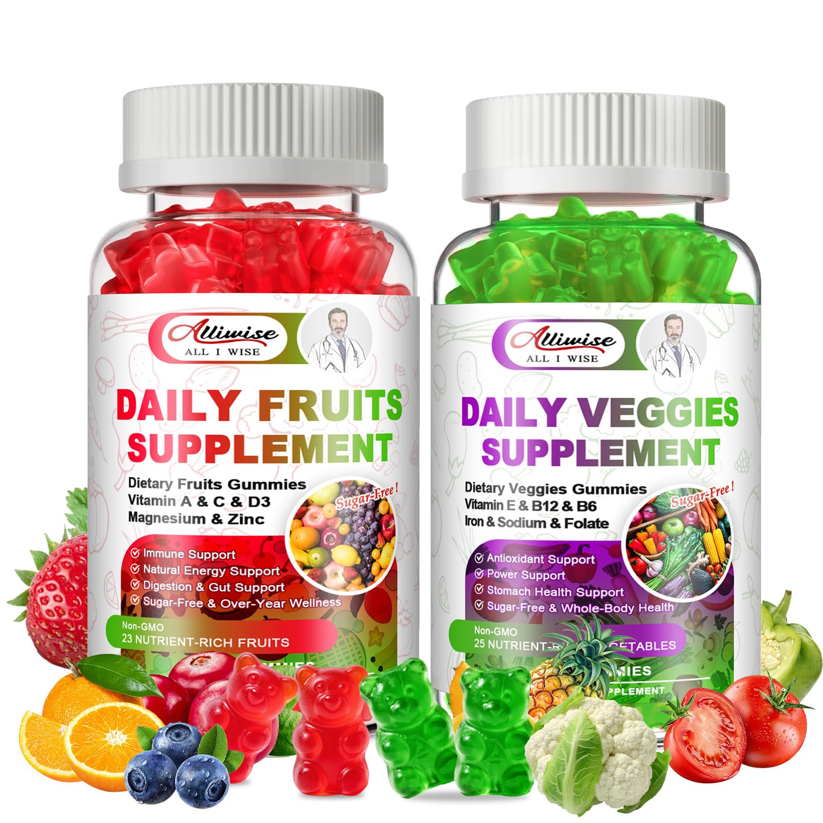 Sugar-Free Fruits & Veggies Gummies, Super Greens with 23 Fruits & 25 Veggies, Multivitamin Minerals & Fiber, Vegan Fruit & Vegetable Supplement for Adults, 120 Gummies, 2 Month Supply - TrustMedUSA