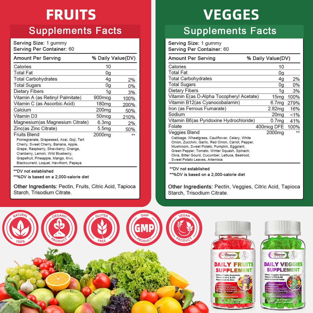 Sugar-Free Fruits & Veggies Gummies, Super Greens with 23 Fruits & 25 Veggies, Multivitamin Minerals & Fiber, Vegan Fruit & Vegetable Supplement for Adults, 120 Gummies, 2 Month Supply - TrustMedUSA
