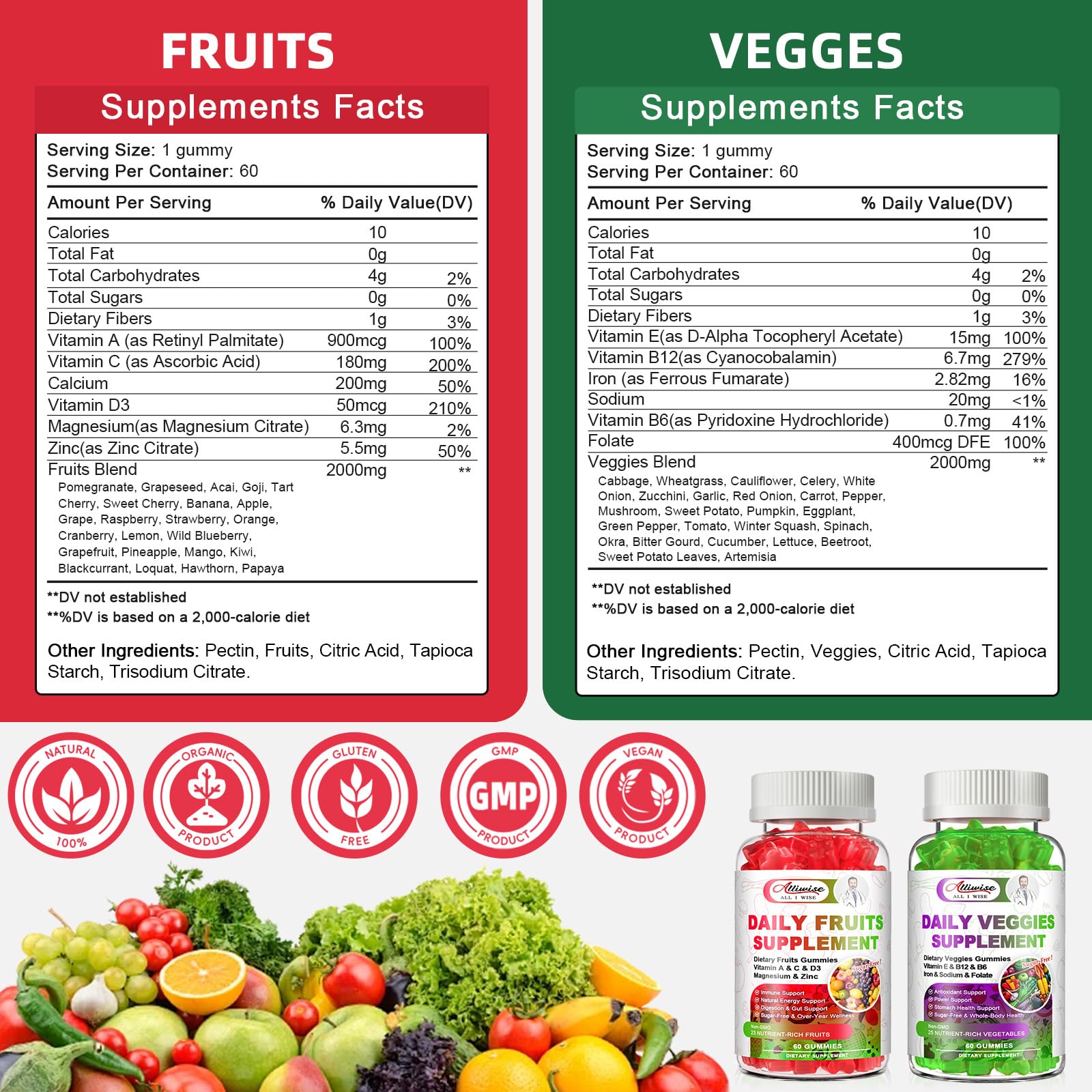 Sugar-Free Fruits & Veggies Gummies, Super Greens with 23 Fruits & 25 Veggies, Multivitamin Minerals & Fiber, Vegan Fruit & Vegetable Supplement for Adults, 120 Gummies, 2 Month Supply - TrustMedUSA