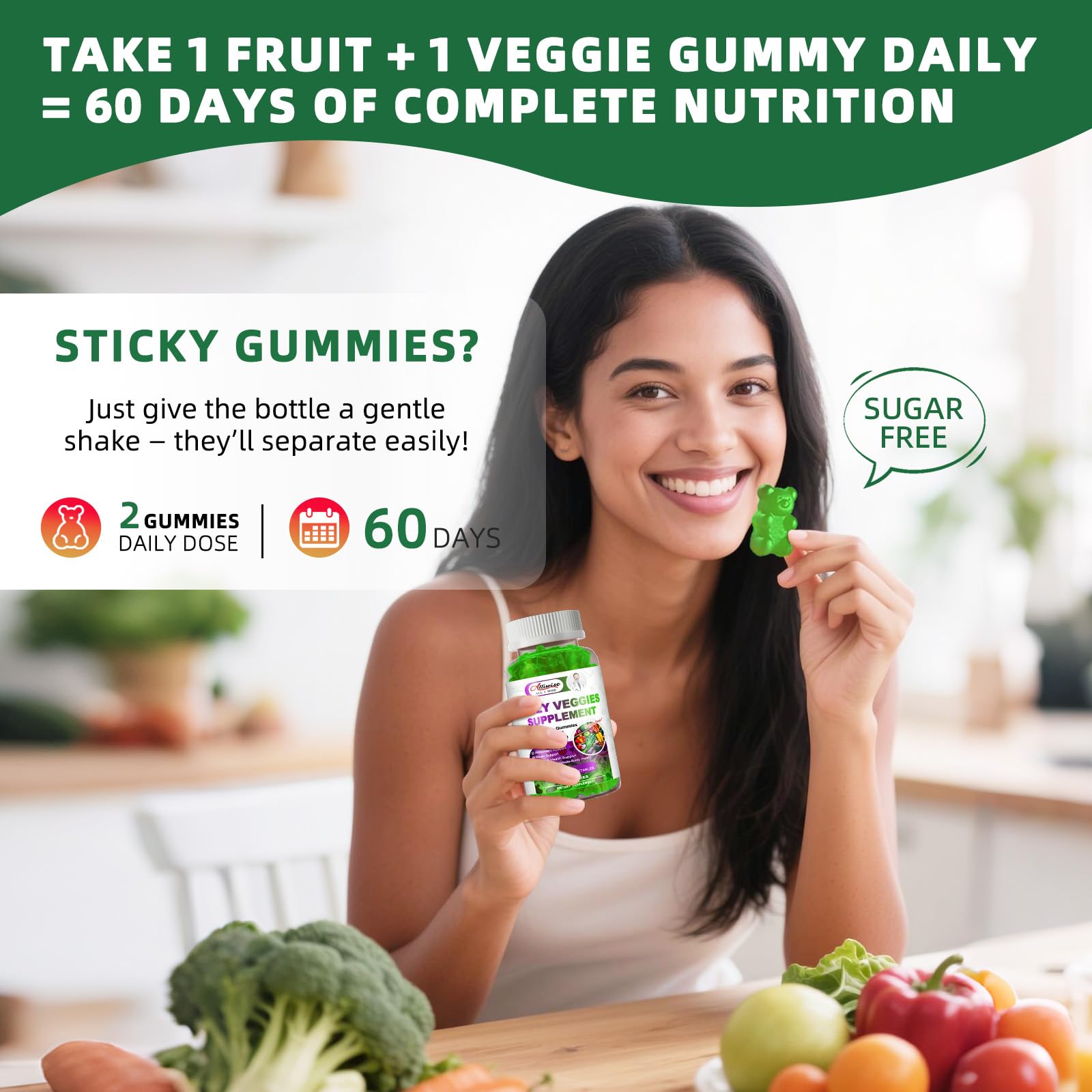 Sugar-Free Fruits & Veggies Gummies, Super Greens with 23 Fruits & 25 Veggies, Multivitamin Minerals & Fiber, Vegan Fruit & Vegetable Supplement for Adults, 120 Gummies, 2 Month Supply - TrustMedUSA