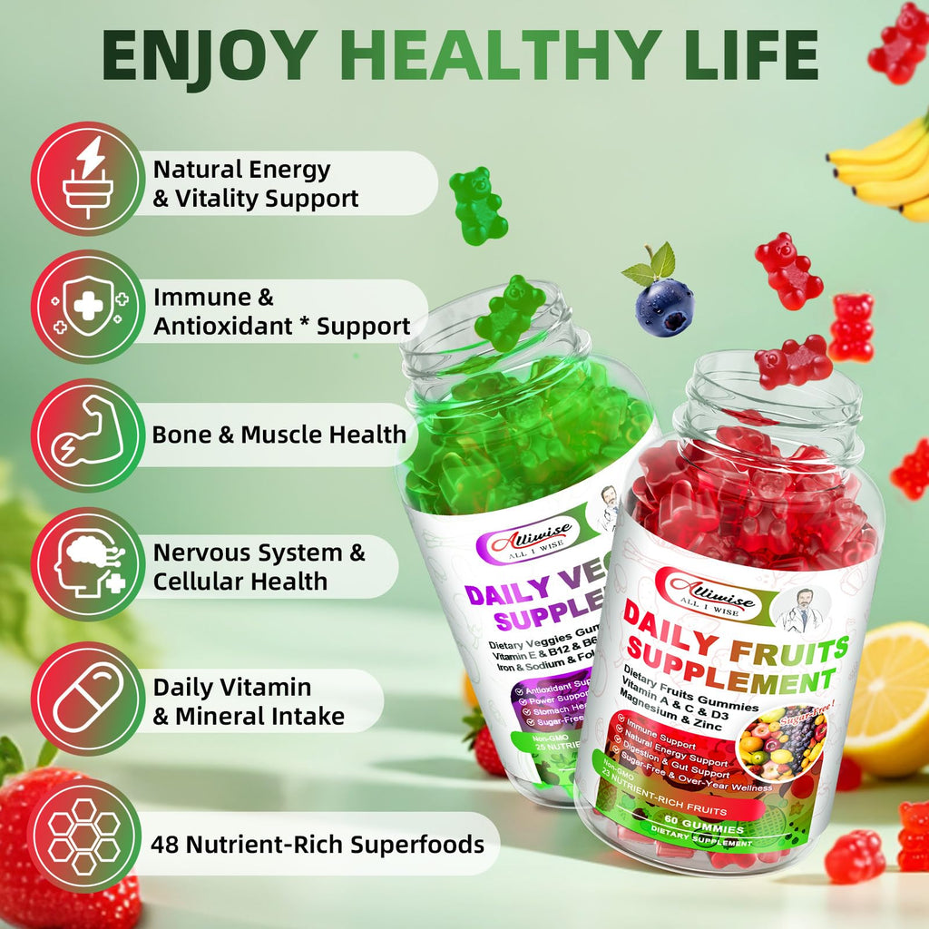 Sugar-Free Fruits & Veggies Gummies, Super Greens with 23 Fruits & 25 Veggies, Multivitamin Minerals & Fiber, Vegan Fruit & Vegetable Supplement for Adults, 120 Gummies, 2 Month Supply - TrustMedUSA