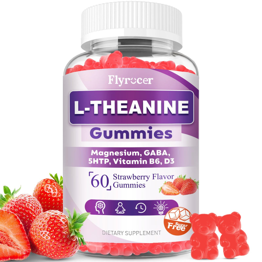 Sugar Free L-Theanine Gummies, L Theanine Supplement for Adults & Kids, L'Theanine with Ashwagandha, Magnesium, 5HTP & GABA - Support Calm, Relax, zzZ, Focus, Vegan Strawberry Flavor, 60 Count - TrustMedUSA