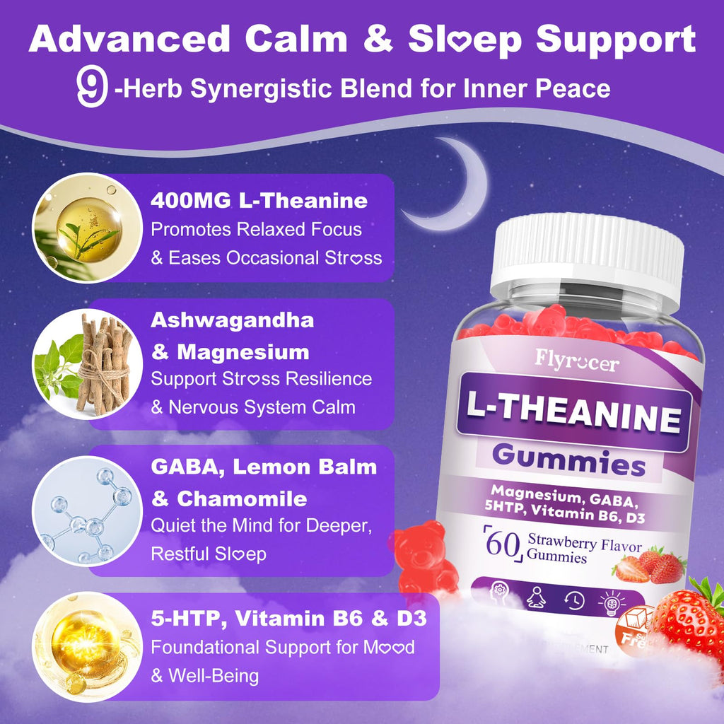 Sugar Free L-Theanine Gummies, L Theanine Supplement for Adults & Kids, L'Theanine with Ashwagandha, Magnesium, 5HTP & GABA - Support Calm, Relax, zzZ, Focus, Vegan Strawberry Flavor, 60 Count - TrustMedUSA