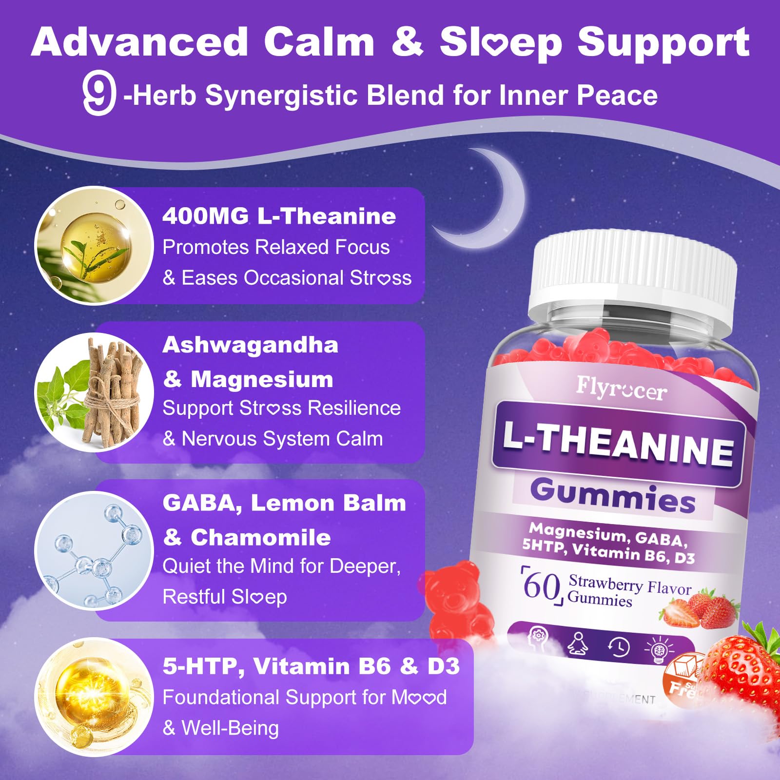 Sugar Free L-Theanine Gummies, L Theanine Supplement for Adults & Kids, L'Theanine with Ashwagandha, Magnesium, 5HTP & GABA - Support Calm, Relax, zzZ, Focus, Vegan Strawberry Flavor, 60 Count - TrustMedUSA