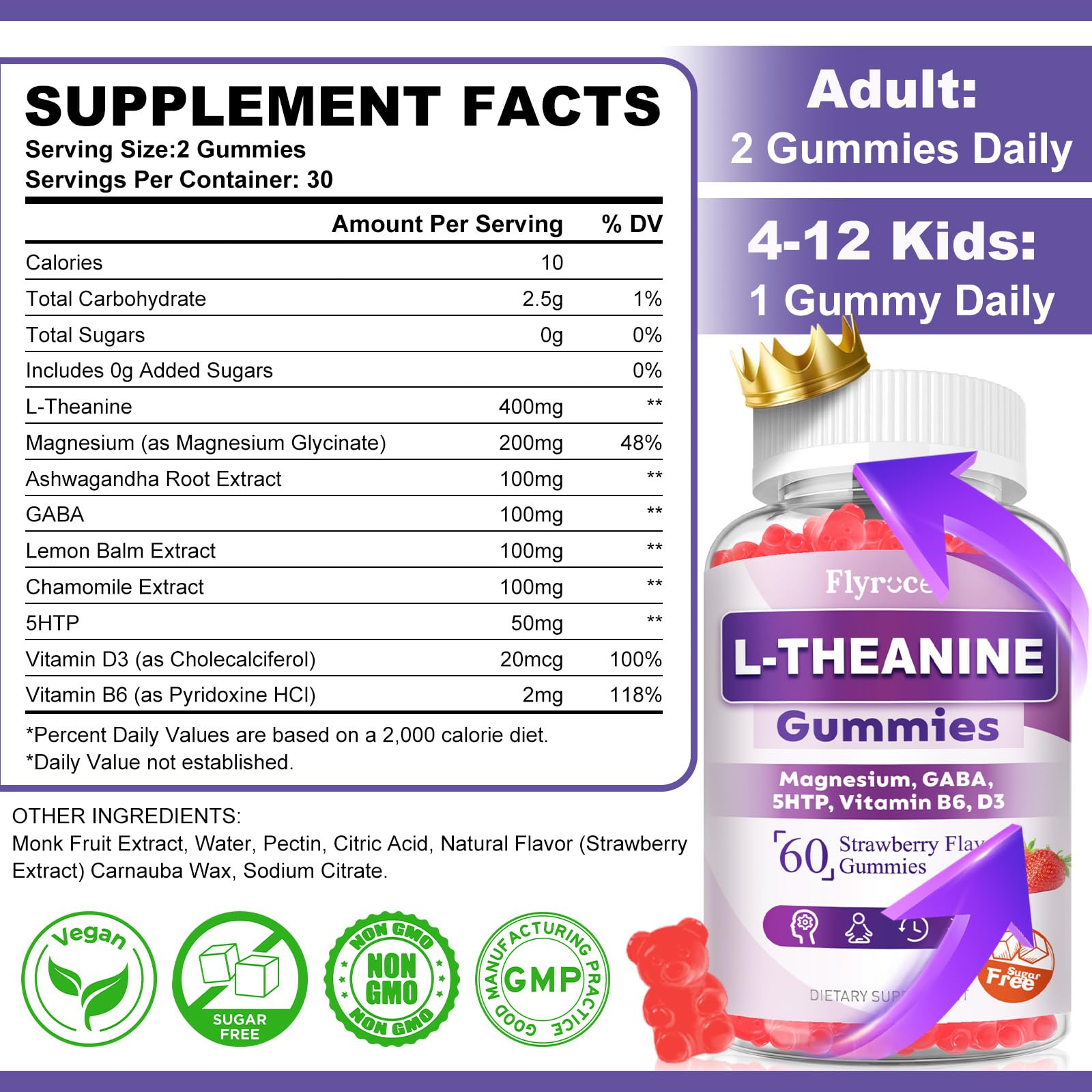 Sugar Free L-Theanine Gummies, L Theanine Supplement for Adults & Kids, L'Theanine with Ashwagandha, Magnesium, 5HTP & GABA - Support Calm, Relax, zzZ, Focus, Vegan Strawberry Flavor, 60 Count - TrustMedUSA