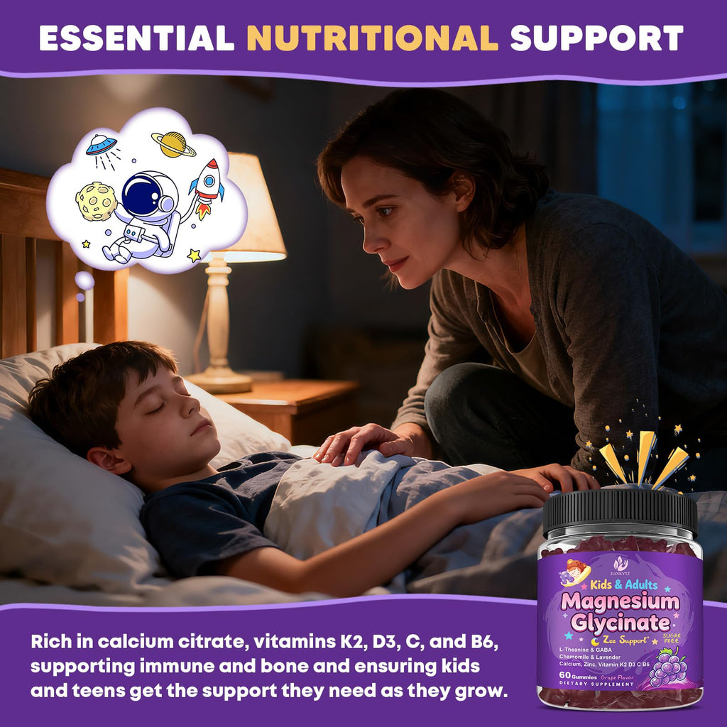Sugar Free Magnesium Glycinate Gummies for Kids & Adults - Zzz Support, Relaxation & Cognition Support, 200/400mg Magnesium Gummies with L-Theanine, GABA, Calcium, B6, D3, C & K2, Grape Flavor, 60 Ct - TrustMedUSA