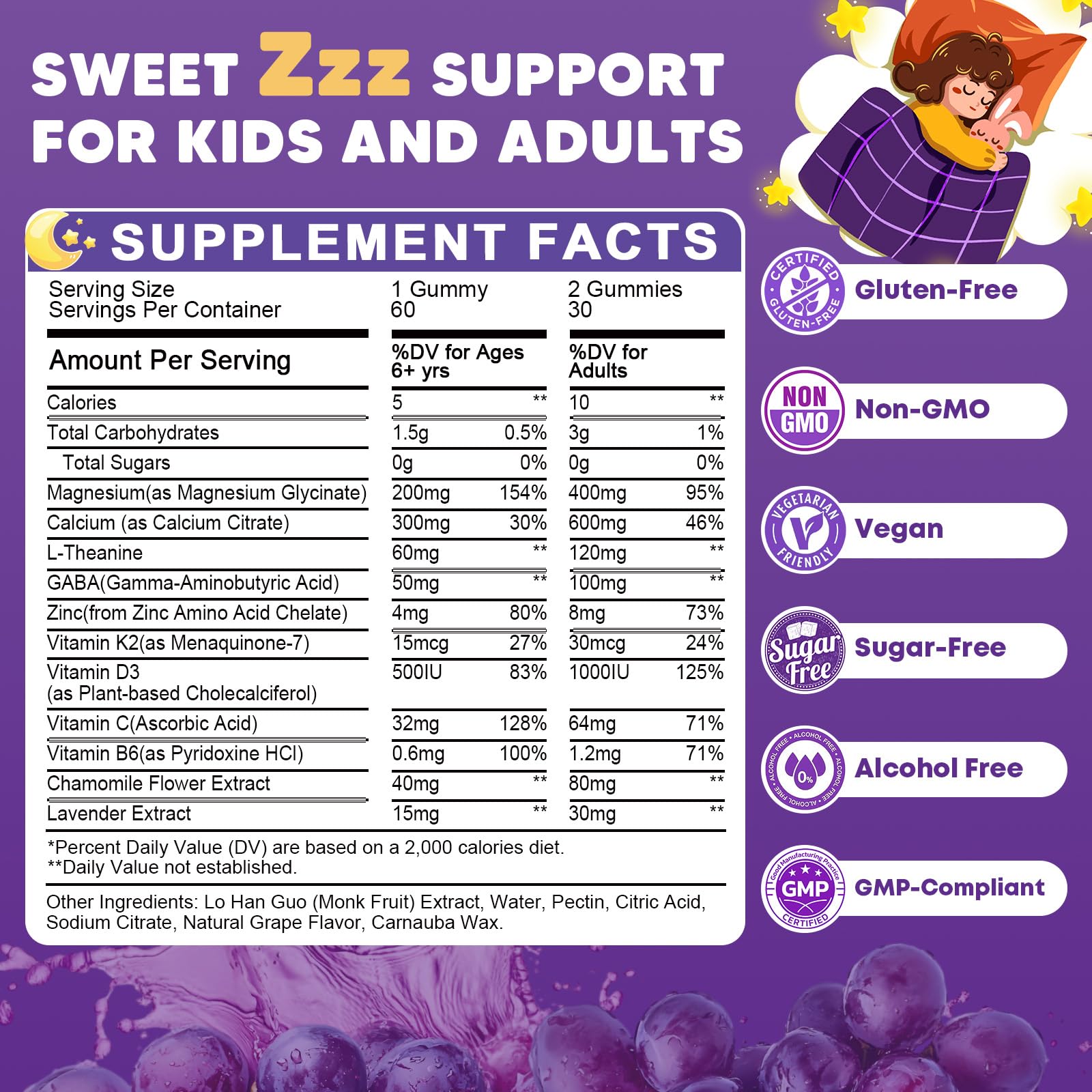 Sugar Free Magnesium Glycinate Gummies for Kids & Adults - Zzz Support, Relaxation & Cognition Support, 200/400mg Magnesium Gummies with L-Theanine, GABA, Calcium, B6, D3, C & K2, Grape Flavor, 60 Ct - TrustMedUSA