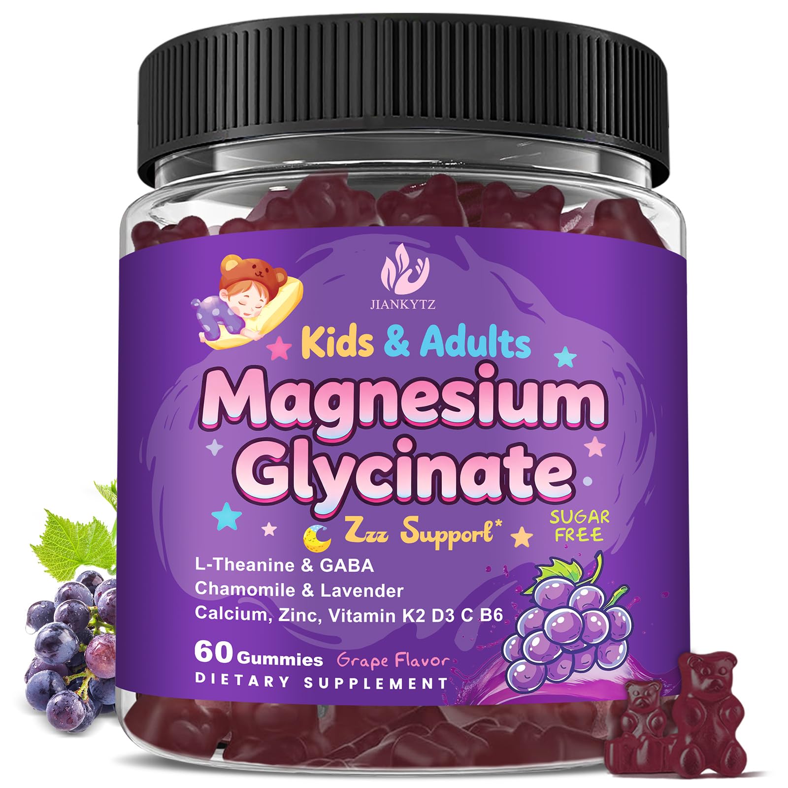 Sugar Free Magnesium Glycinate Gummies for Kids & Adults - Zzz Support, Relaxation & Cognition Support, 200/400mg Magnesium Gummies with L-Theanine, GABA, Calcium, B6, D3, C & K2, Grape Flavor, 60 Ct - TrustMedUSA