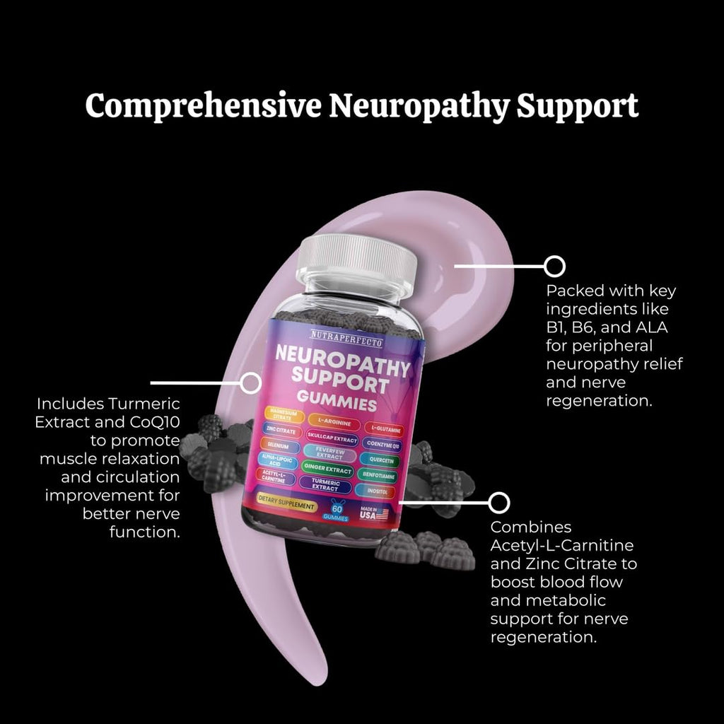 Sugar Free Neuropathy Support Gummies for Nerve – Enhanced Nerve Health, Regeneration, Cognitive Support with Vitamin B1, B6, B12, Magnesium, ALA, Turmeric, CoQ10 & More - TrustMedUSA
