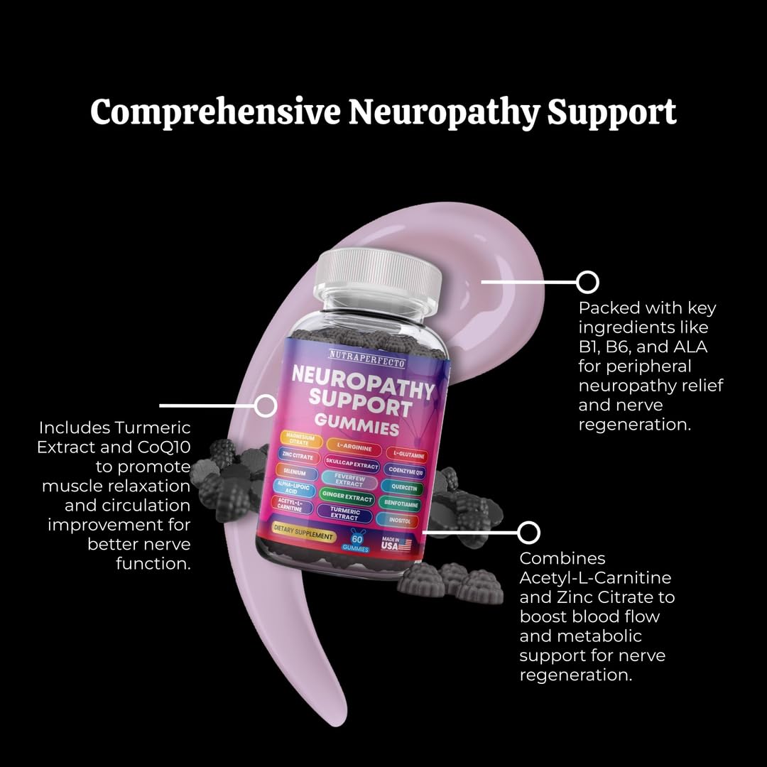 Sugar Free Neuropathy Support Gummies for Nerve – Enhanced Nerve Health, Regeneration, Cognitive Support with Vitamin B1, B6, B12, Magnesium, ALA, Turmeric, CoQ10 & More - TrustMedUSA