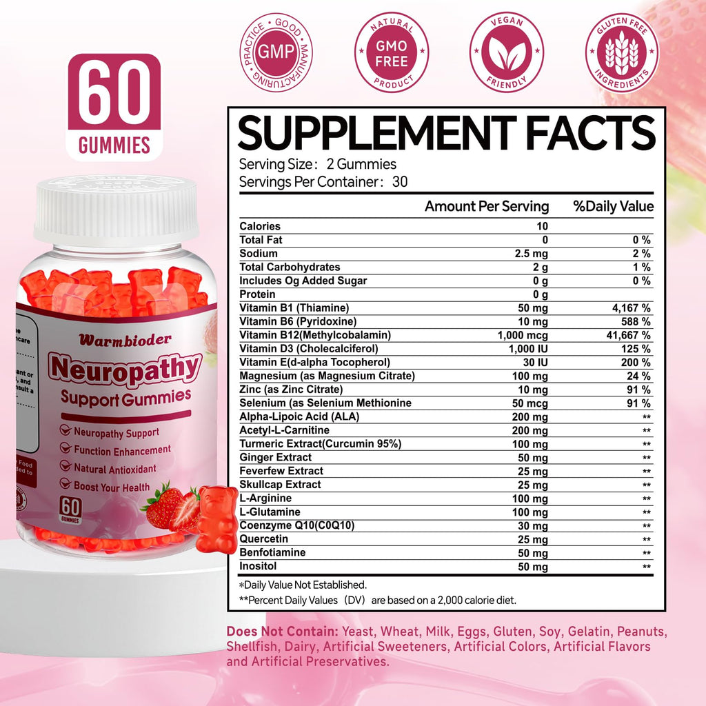 Sugar Free Neuropathy Support Gummies for Nerve – Enhanced Nerve Health, Regeneration, Cognitive Support with Vitamin B1, B6, B12, Magnesium, ALA, Turmeric, CoQ10 & More - TrustMedUSA