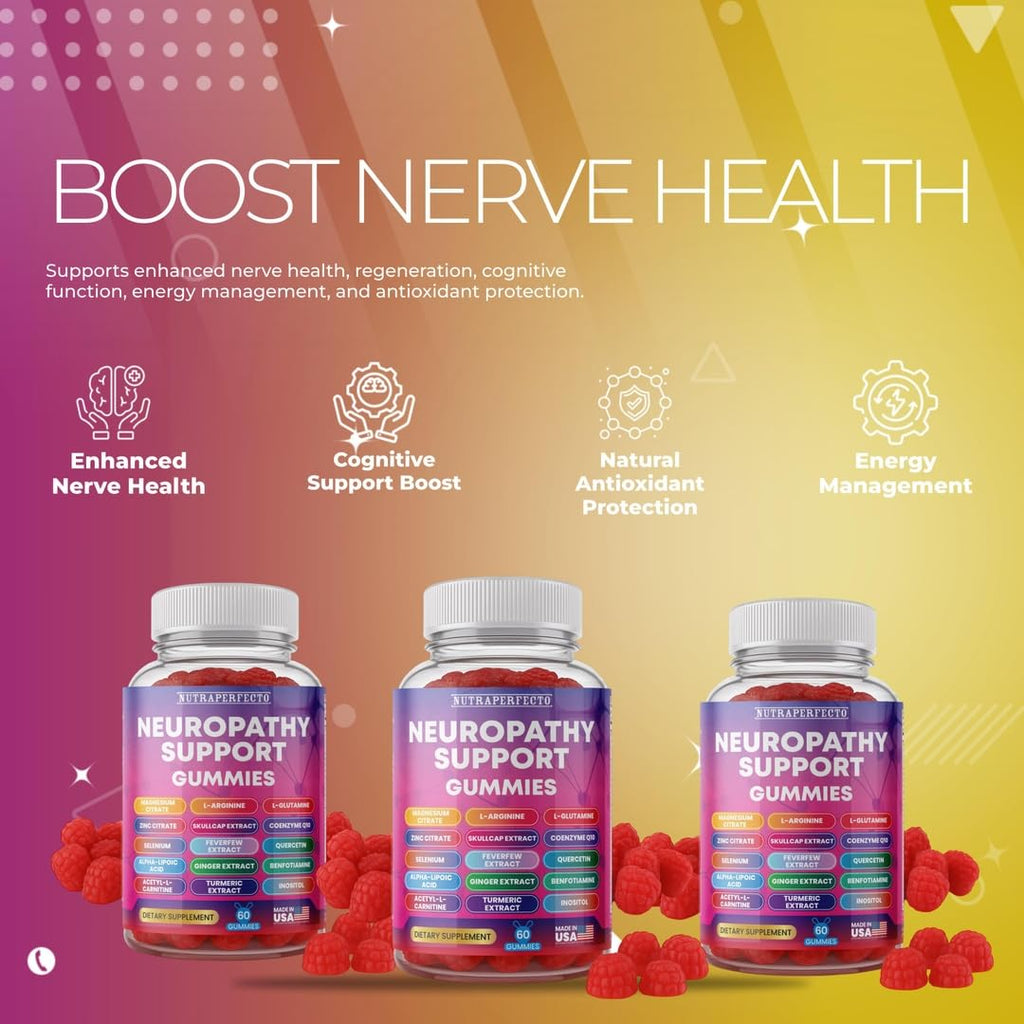 Sugar Free Neuropathy Support Gummies for Nerve – Enhanced Nerve Health, Regeneration, Cognitive Support with Vitamin B1, B6, B12, Magnesium, ALA, Turmeric, CoQ10 & More - TrustMedUSA