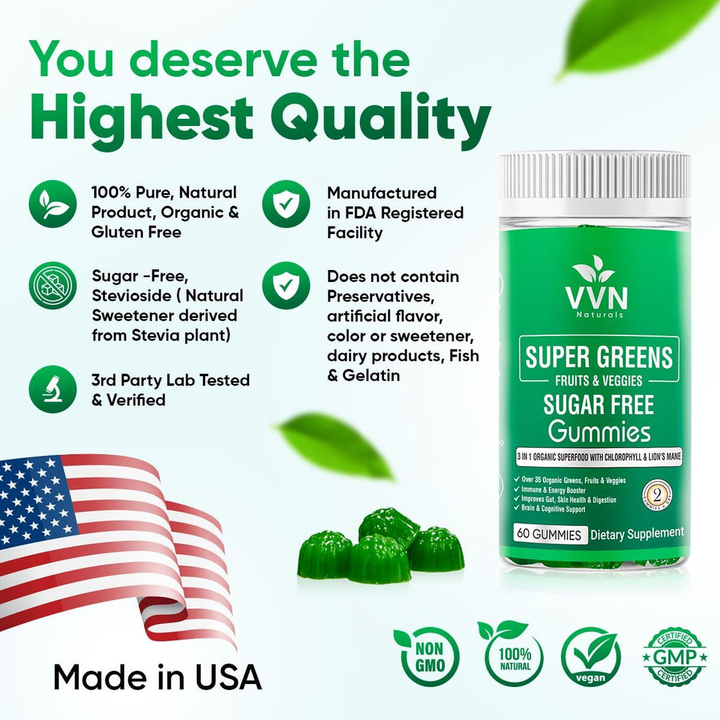 Sugar-Free Real Organic Fruits, Super Greens and Veggies Gummies | 35+ Nutritious & Healthy Greens, Fruits, and Vegetables for Improved Immunity, Skin Health & Energy Boost|60 Vegan Gummies - TrustMedUSA