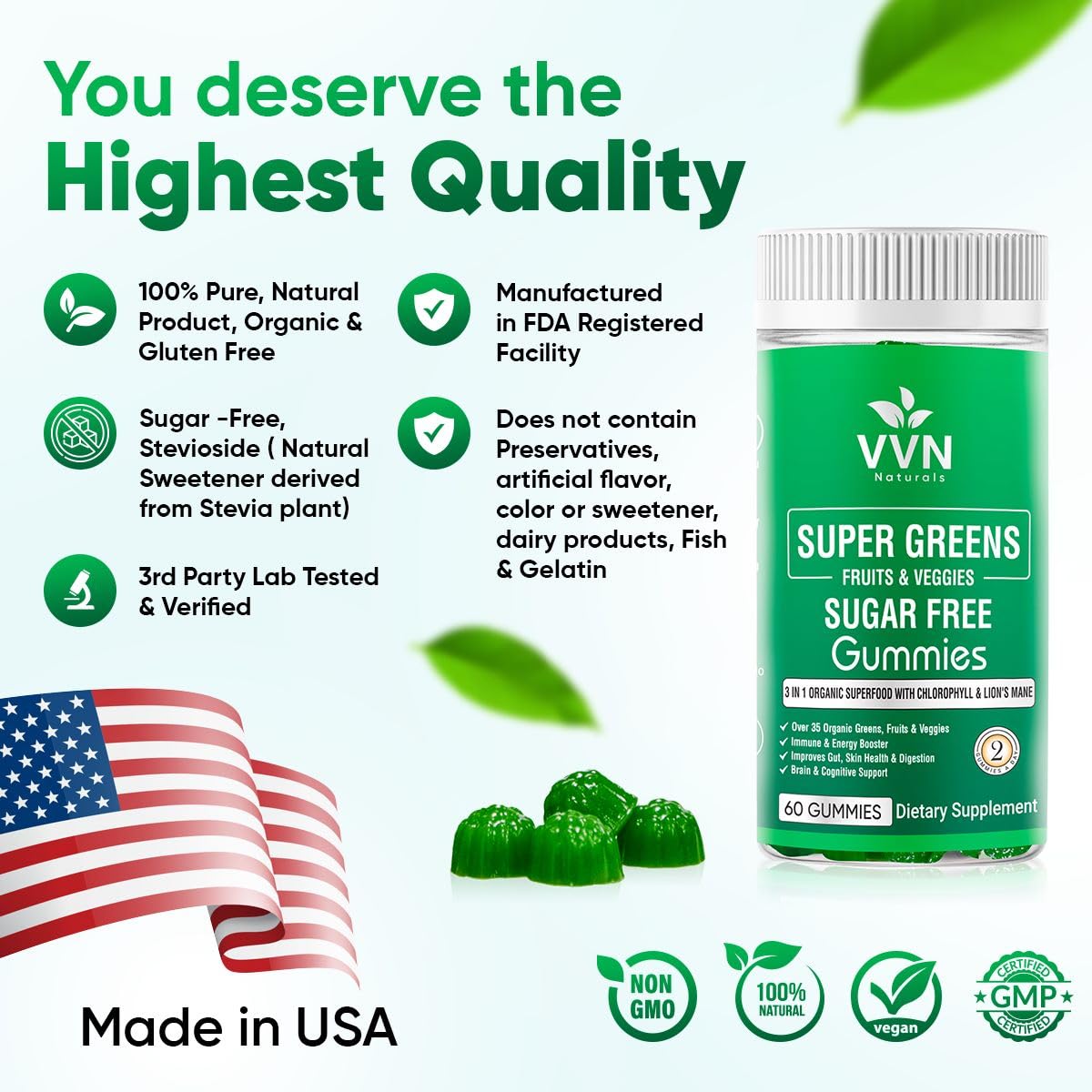 Sugar-Free Real Organic Fruits, Super Greens and Veggies Gummies | 35+ Nutritious & Healthy Greens, Fruits, and Vegetables for Improved Immunity, Skin Health & Energy Boost|60 Vegan Gummies - TrustMedUSA