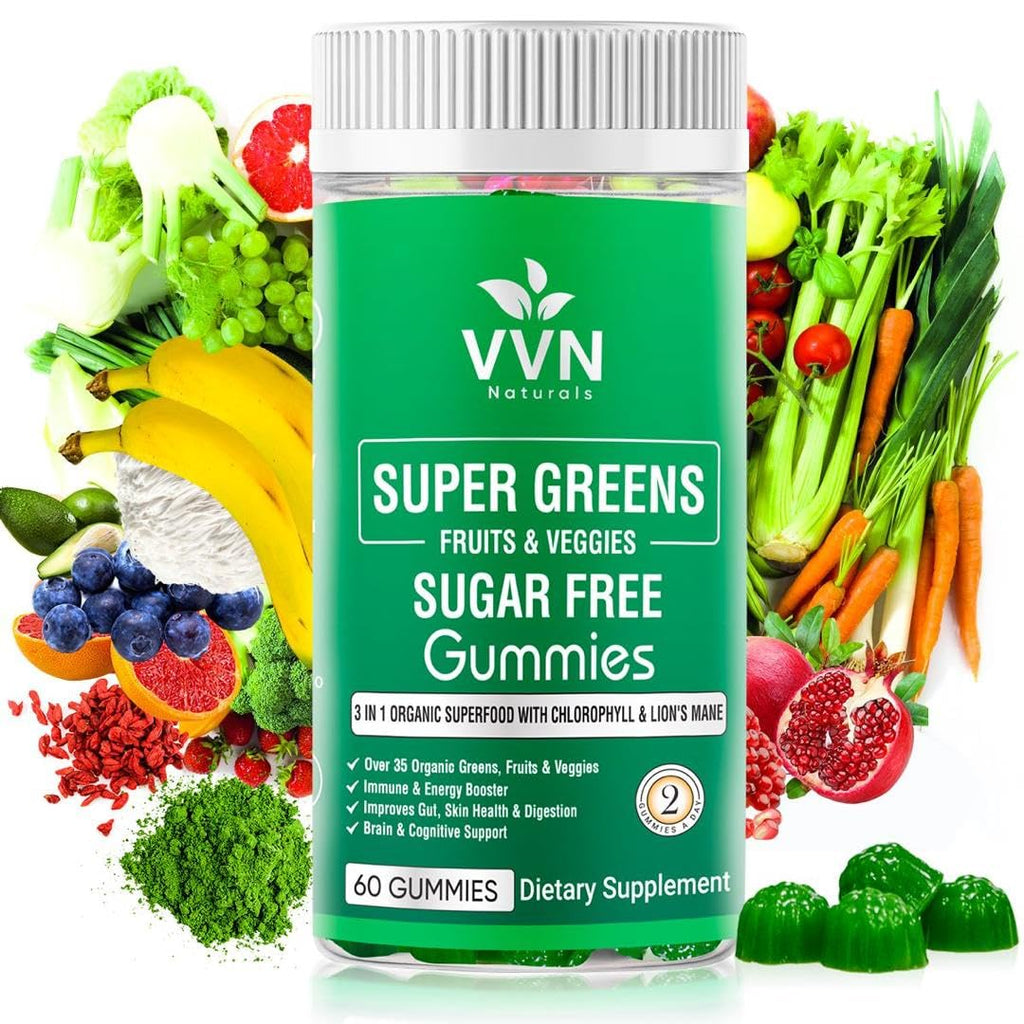 Sugar-Free Real Organic Fruits, Super Greens and Veggies Gummies | 35+ Nutritious & Healthy Greens, Fruits, and Vegetables for Improved Immunity, Skin Health & Energy Boost|60 Vegan Gummies - TrustMedUSA