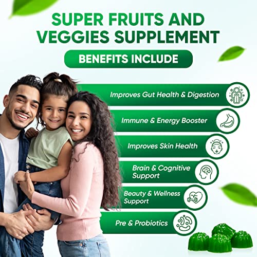Sugar-Free Real Organic Fruits, Super Greens and Veggies Gummies | 35+ Nutritious & Healthy Greens, Fruits, and Vegetables for Improved Immunity, Skin Health & Energy Boost|60 Vegan Gummies - TrustMedUSA