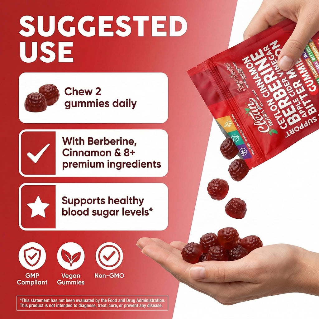 Sugar Savior Ceylon Cinnamon Berberine Gummies Apple Cider Vinegar Artichoke Turmeric Blueberry Ginseng Banaba Bitter Melon Black Pepper Vitamin D Zinc GLP1 Gummies 60 Count by Clean Nutra - TrustMedUSA