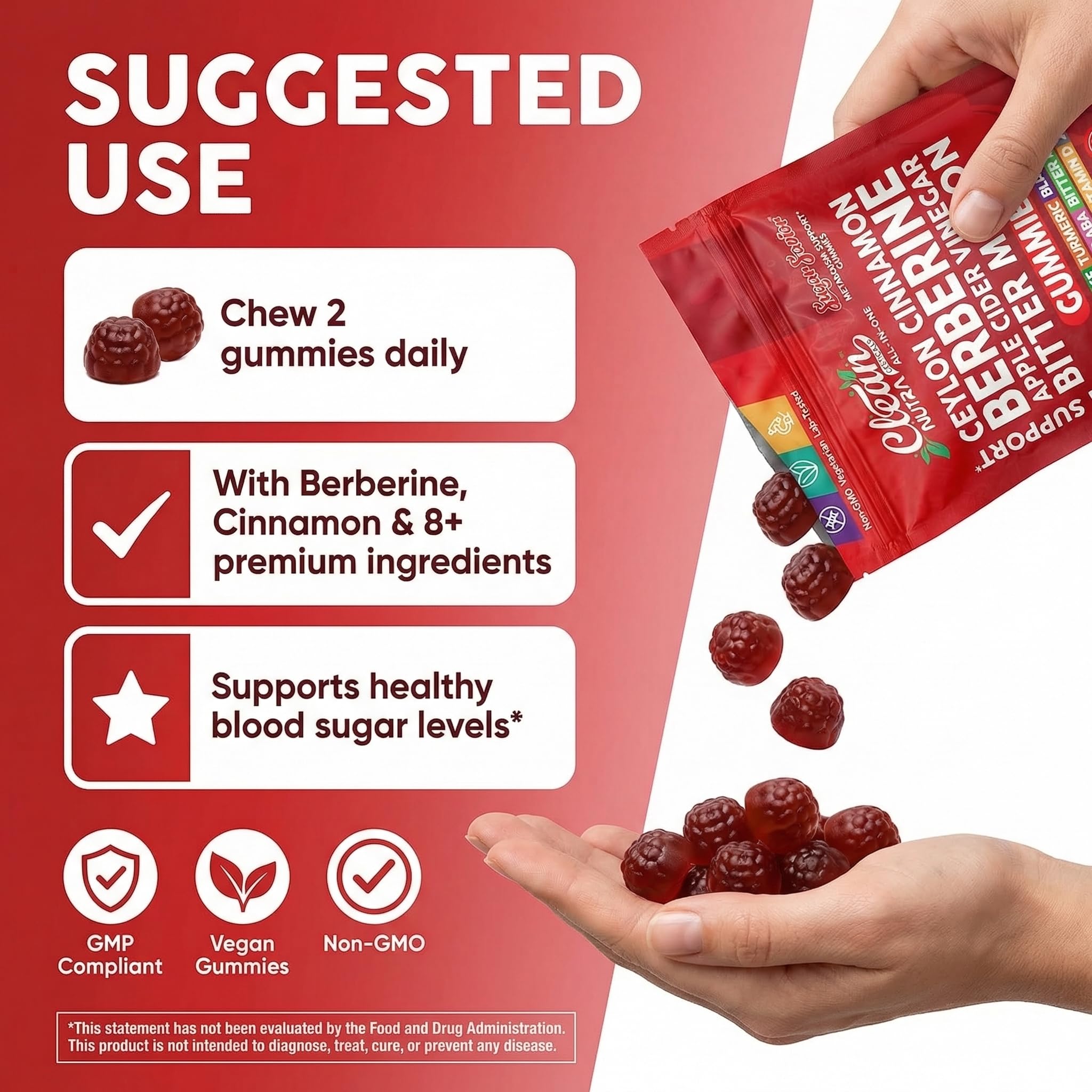 Sugar Savior Ceylon Cinnamon Berberine Gummies Apple Cider Vinegar Artichoke Turmeric Blueberry Ginseng Banaba Bitter Melon Black Pepper Vitamin D Zinc GLP1 Gummies 60 Count by Clean Nutra - TrustMedUSA