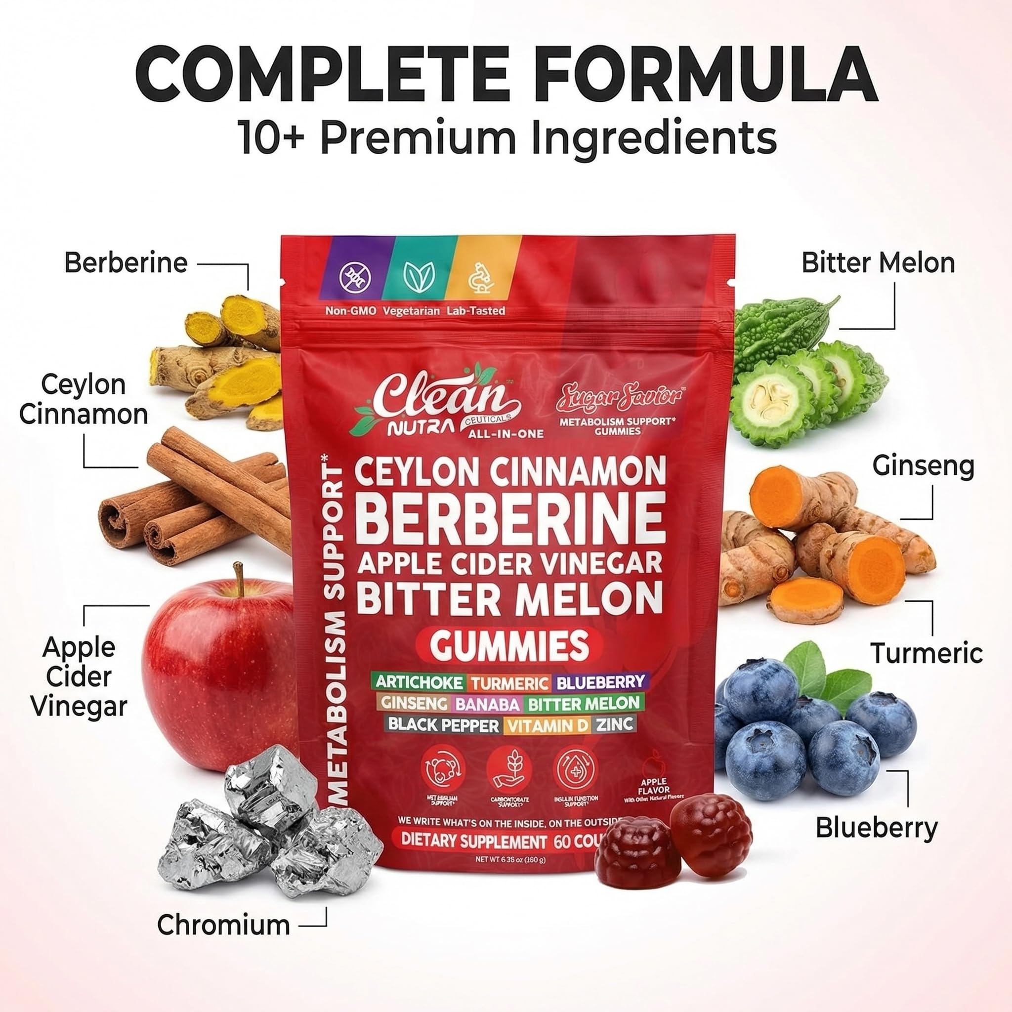 Sugar Savior Ceylon Cinnamon Berberine Gummies Apple Cider Vinegar Artichoke Turmeric Blueberry Ginseng Banaba Bitter Melon Black Pepper Vitamin D Zinc GLP1 Gummies 60 Count by Clean Nutra - TrustMedUSA