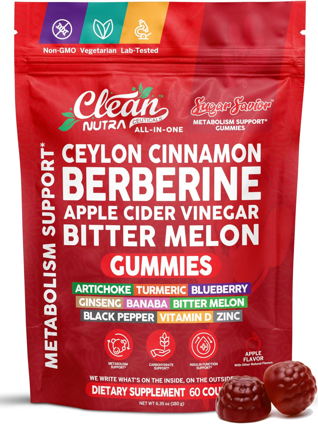 Sugar Savior Ceylon Cinnamon Berberine Gummies Apple Cider Vinegar Artichoke Turmeric Blueberry Ginseng Banaba Bitter Melon Black Pepper Vitamin D Zinc GLP1 Gummies 60 Count by Clean Nutra - TrustMedUSA
