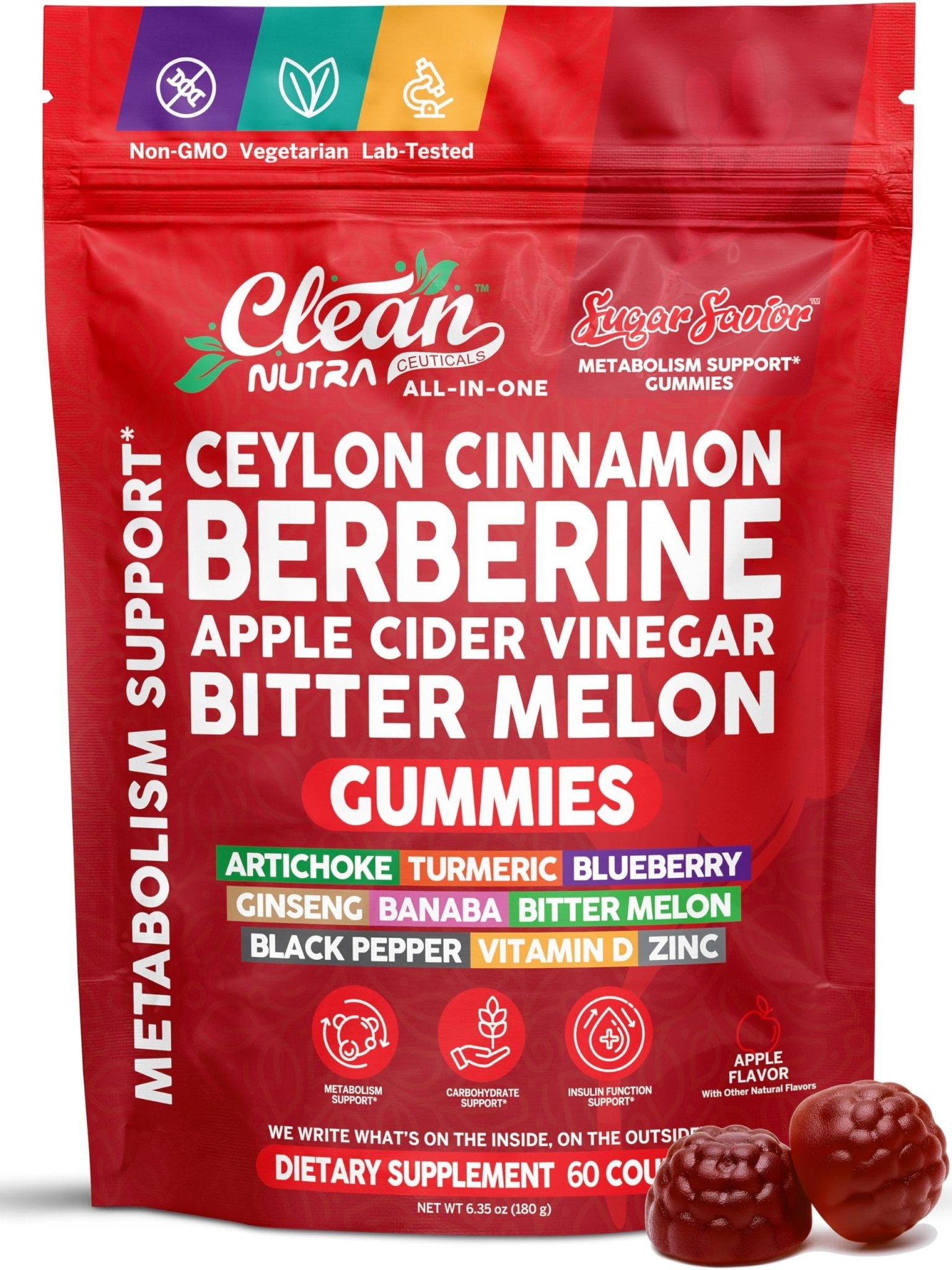 Sugar Savior Ceylon Cinnamon Berberine Gummies Apple Cider Vinegar Artichoke Turmeric Blueberry Ginseng Banaba Bitter Melon Black Pepper Vitamin D Zinc GLP1 Gummies 60 Count by Clean Nutra - TrustMedUSA