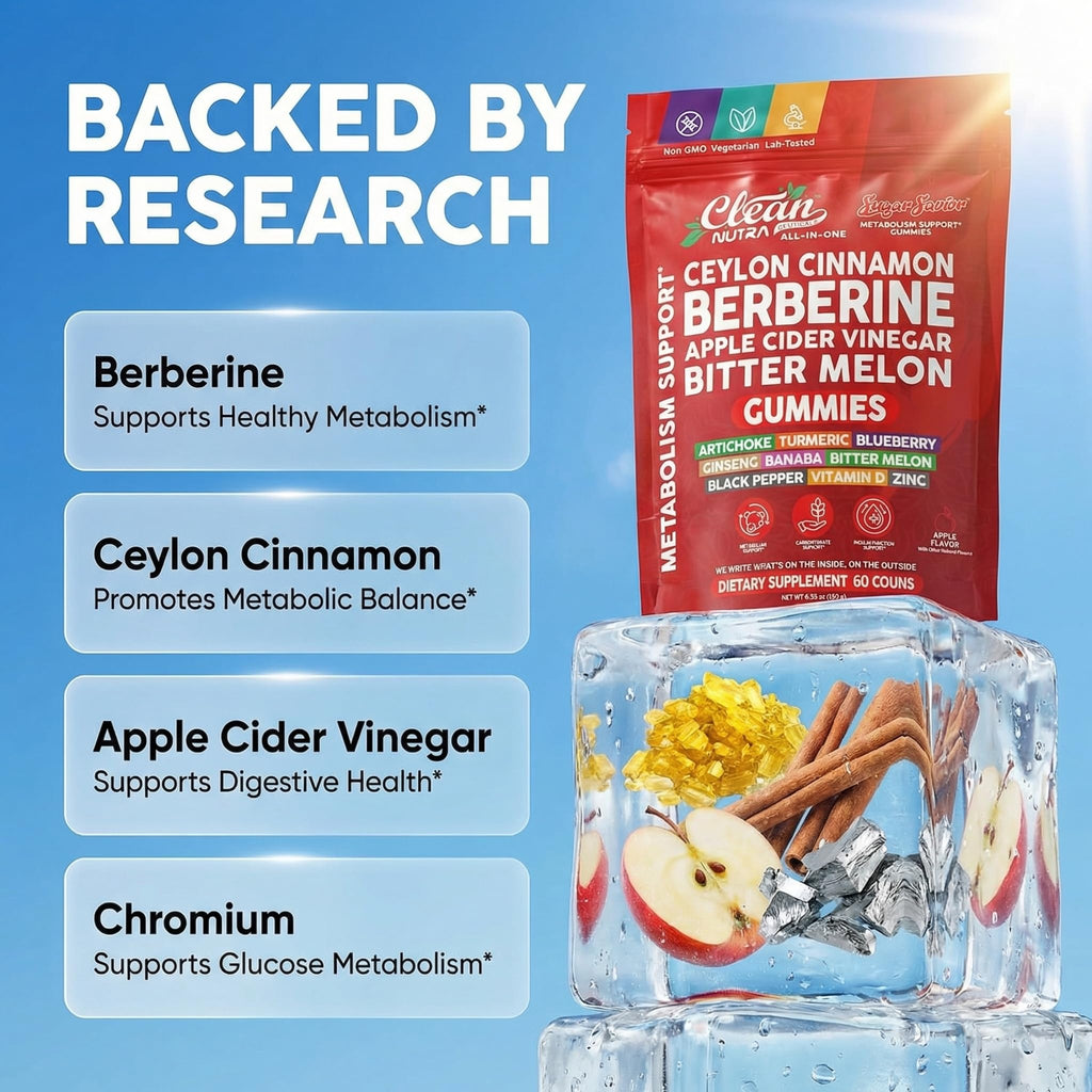 Sugar Savior Ceylon Cinnamon Berberine Gummies Apple Cider Vinegar Artichoke Turmeric Blueberry Ginseng Banaba Bitter Melon Black Pepper Vitamin D Zinc GLP1 Gummies 60 Count by Clean Nutra - TrustMedUSA