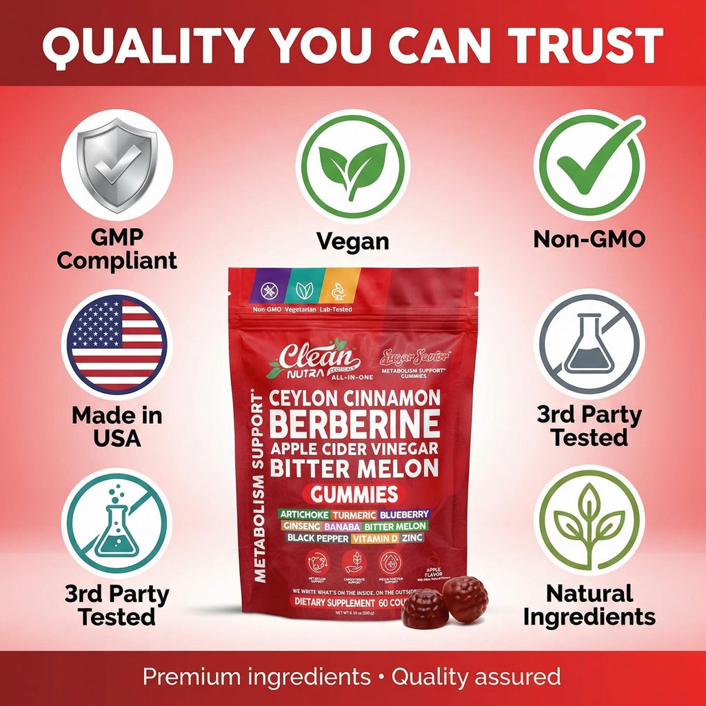 Sugar Savior Ceylon Cinnamon Berberine Gummies Apple Cider Vinegar Artichoke Turmeric Blueberry Ginseng Banaba Bitter Melon Black Pepper Vitamin D Zinc GLP1 Gummies 60 Count by Clean Nutra - TrustMedUSA