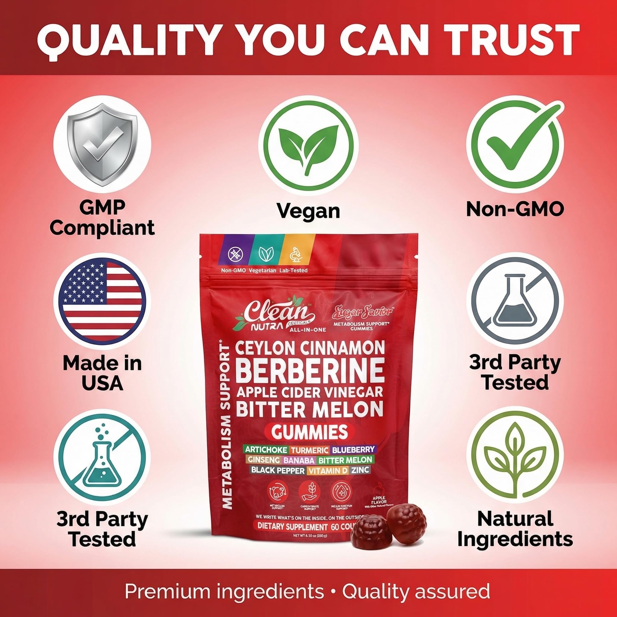 Sugar Savior Ceylon Cinnamon Berberine Gummies Apple Cider Vinegar Artichoke Turmeric Blueberry Ginseng Banaba Bitter Melon Black Pepper Vitamin D Zinc GLP1 Gummies 60 Count by Clean Nutra - TrustMedUSA