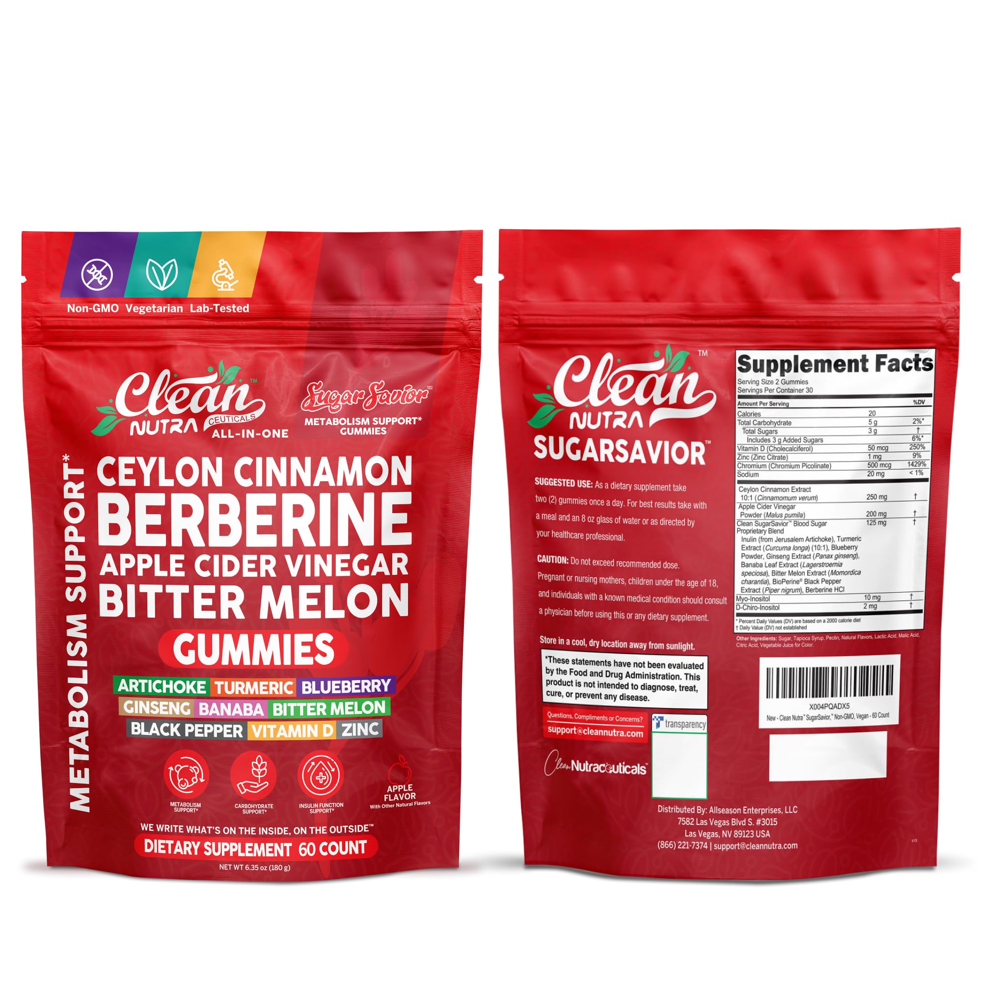 Sugar Savior Ceylon Cinnamon Berberine Gummies Apple Cider Vinegar Artichoke Turmeric Blueberry Ginseng Banaba Bitter Melon Black Pepper Vitamin D Zinc GLP1 Gummies 60 Count by Clean Nutra - TrustMedUSA