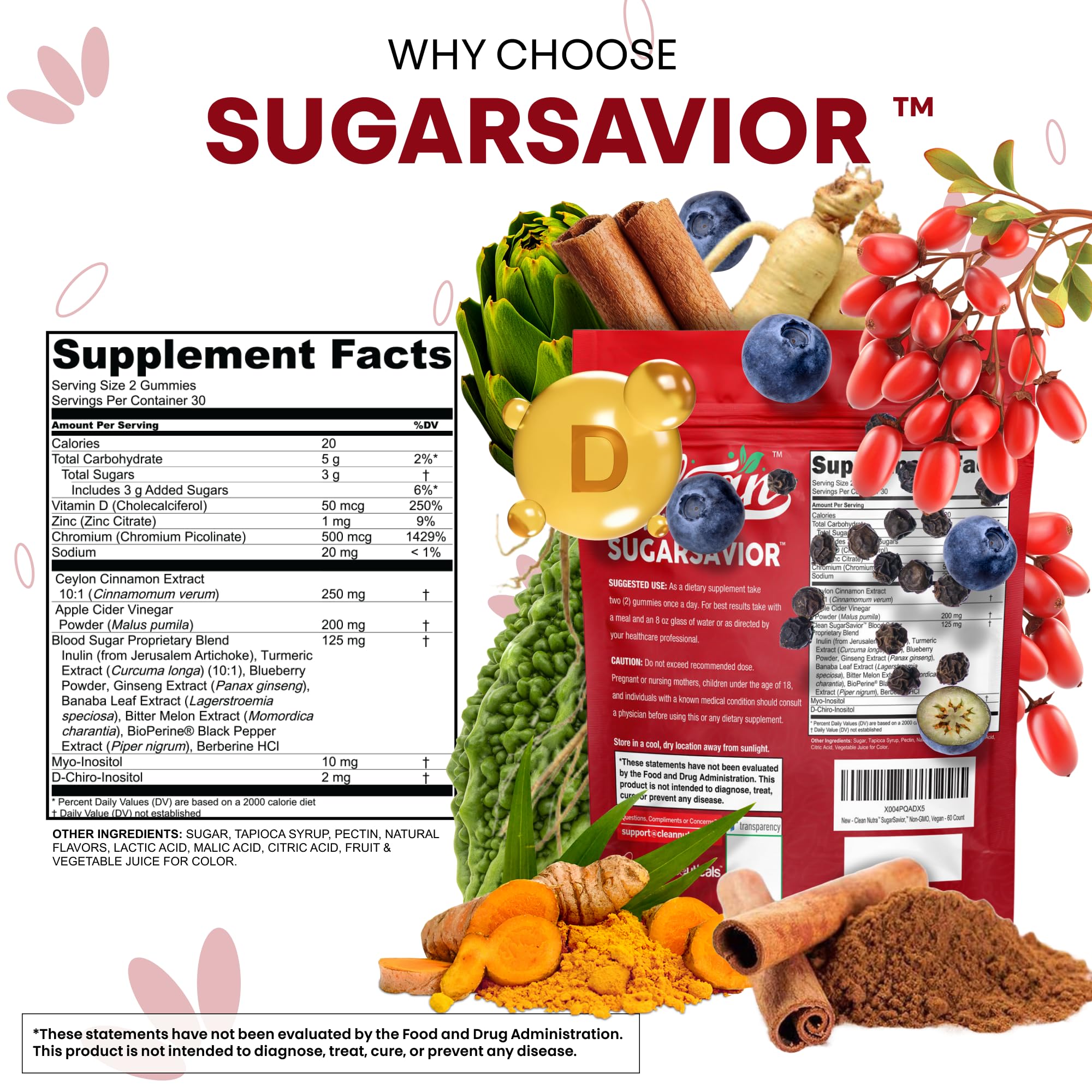 Sugar Savior Ceylon Cinnamon Berberine Gummies Apple Cider Vinegar Artichoke Turmeric Blueberry Ginseng Banaba Bitter Melon Black Pepper Vitamin D Zinc GLP1 Gummies 60 Count by Clean Nutra - TrustMedUSA