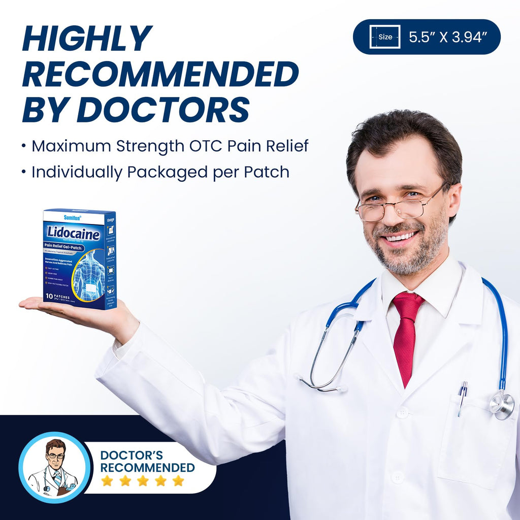 Sumifun 4% Lidocaine Pain Patches - Maximum OTC Strength Pain Relief for Lower Back Pain, Neck Sore, Joint Pain - Fast Acting & Long Lasting 8 Hours, 10 Counts - TrustMedUSA