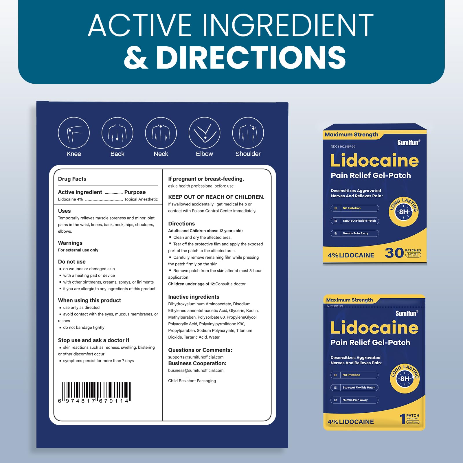 Sumifun 4% Lidocaine Pain Relief Patches 30 Count Maximum Strength Numbing Gel Patch for Back Knee Neck Joint Ache Muscle Soreness Topical Analgesic - Maple Wellness Supplements